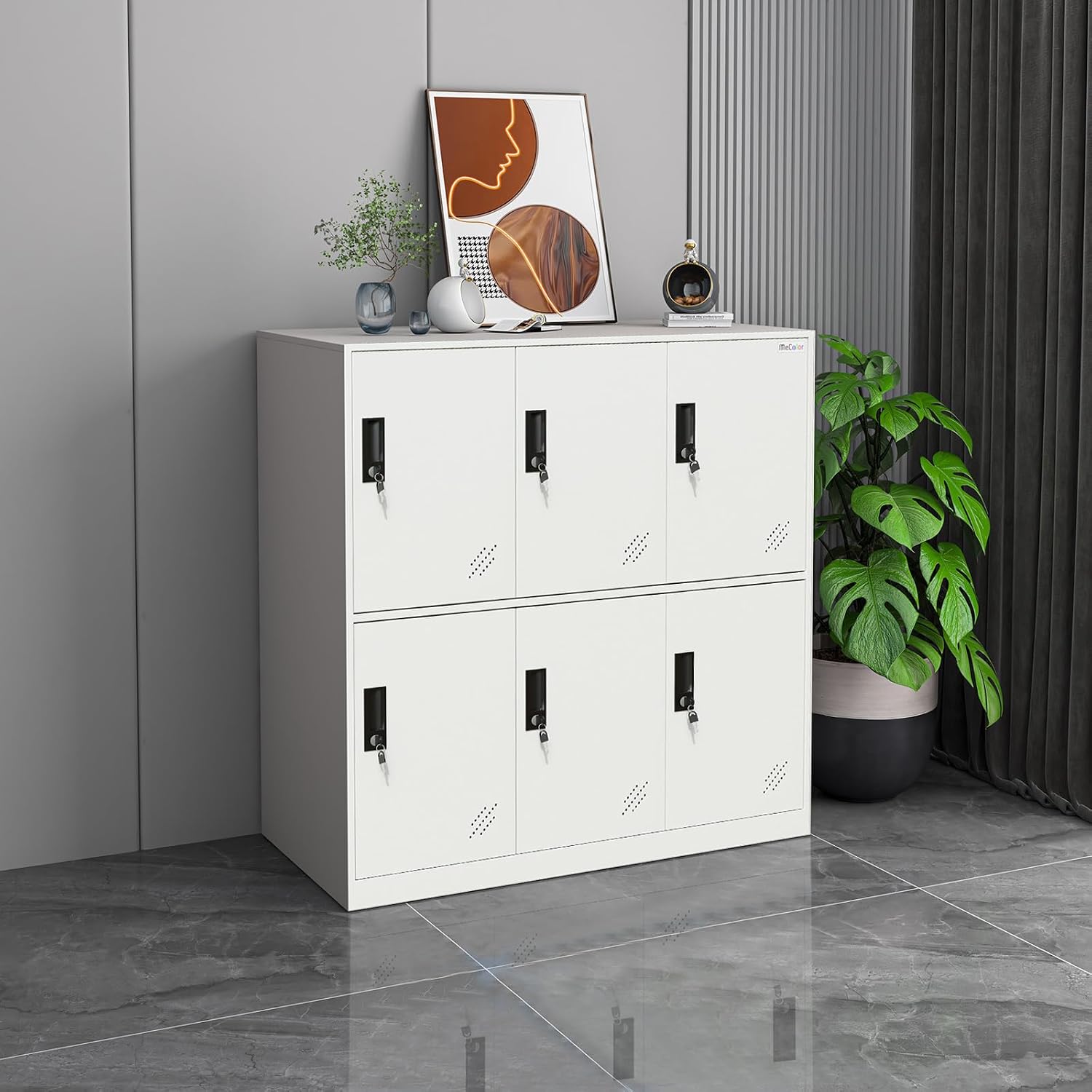 MECOLOR Metal Office School and Home Locker Cabinet for Student Employee Staff or Workers Small Size Stackable with 6 Doors White Color (6D-FWH)
