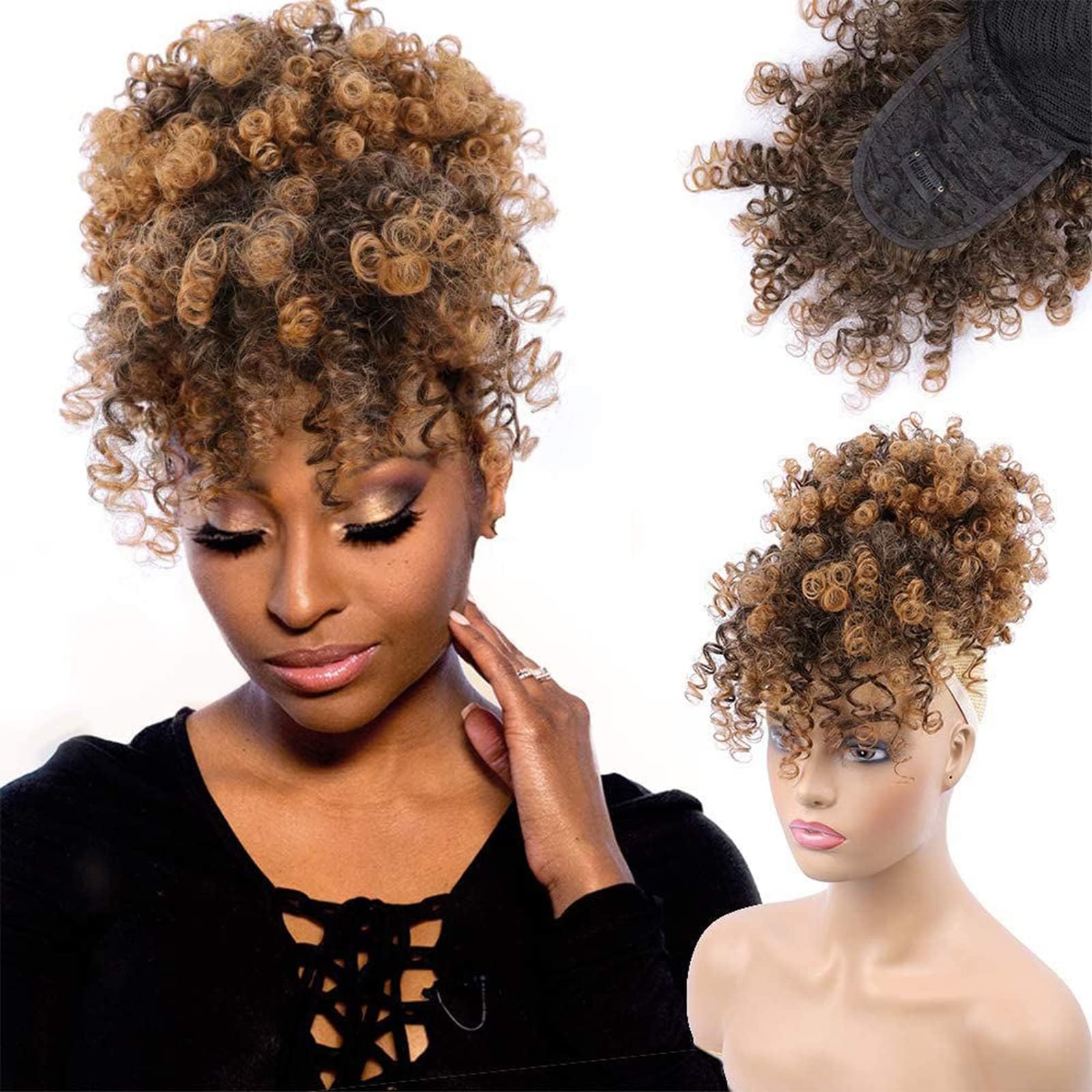 - ENTRANCED STYLES Afro Puff Drawstring Ponytail for Black Women, Short Curly Puff Ponytail with Bangs Clip in Wrap Updo Hairpiece for Women(#T30)