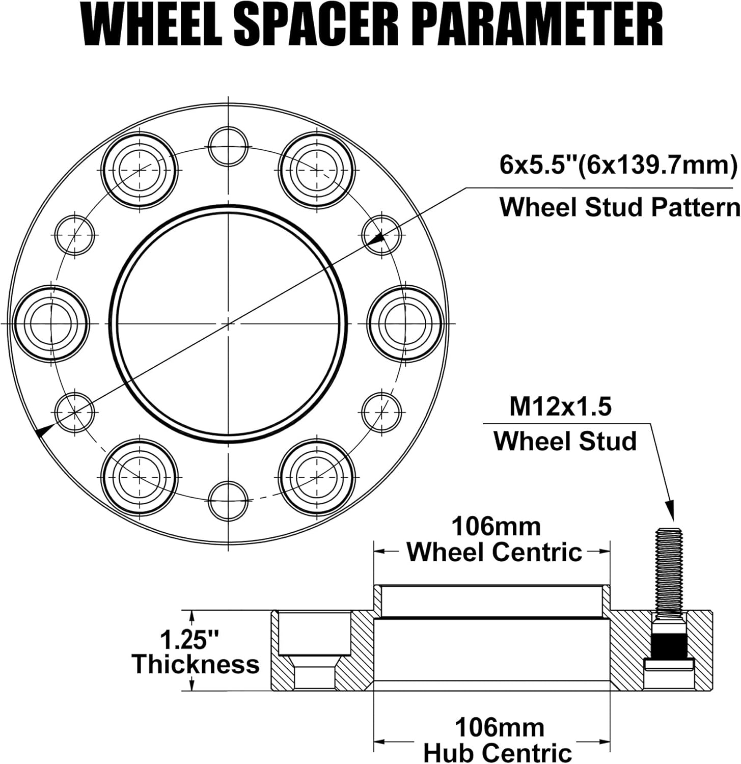 6x5.5 Hubcentric Wheel Spacers 1.25 Inch for 1995-2023 Tacoma 4Runner with Extend Lug Nuts, 6x139.7mm Forged Wheel Spacer with 106mm Bore 12x1.5 Studs for Tundra FJ Cruise Fortuner Sequoia GX460 GX470