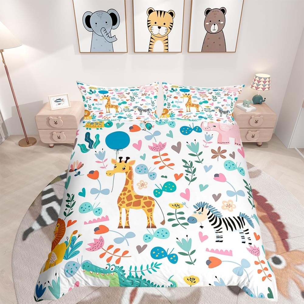 Homemissing Kids Wild Animals Duvet Cover Double Size Cute Zoo Animal Bedding Set Cartoon Safari Wild Print Boys Girls Children Comforter Cartoon Elephant Giraffe Comforter Cover Toddler Bedroom Decor โ image 1