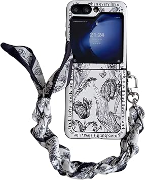 Samsung Galaxy Z Flip 5 Retro Black White Flat Plant Pattern Full Cover Phone Case with Matching Color Silk Scarf/Bracelet Exquisite Line Plant Pattern Phone Case