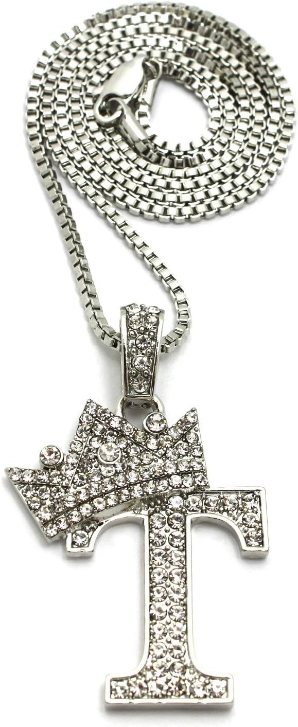 CBC Crown Rhinestone Studded Crown Initial Alphabet Letter Pendant Necklace 24" Box Chain Necklaces in Gold Tone or Silver Tone