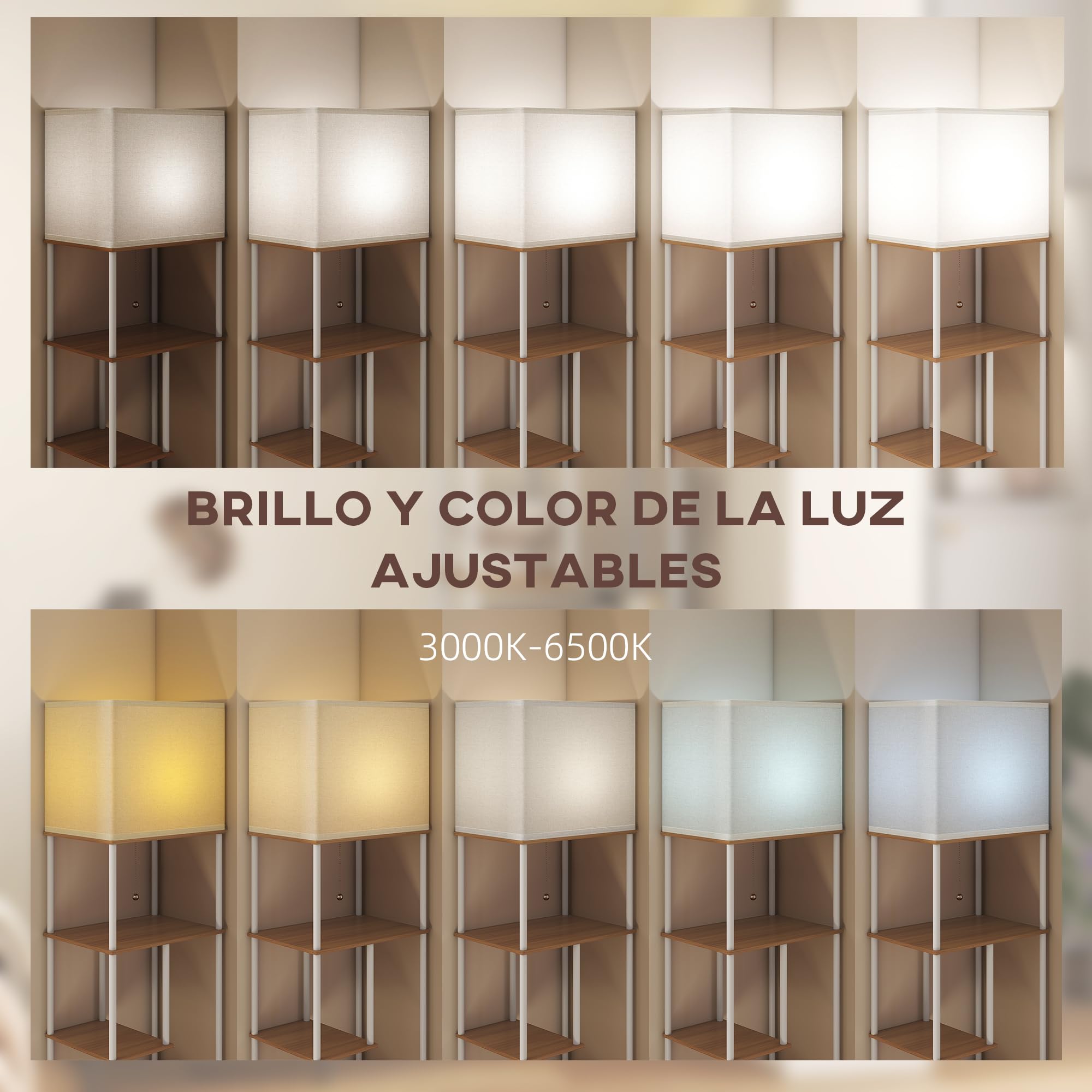 HOMCOM Lámpara de Pie con Estantes, Lámpara Salón con Brillo y Temperaturas de Color Ajustable 3000K-6500K, Control Remoto, Temporizador, 5 Modos, Bombilla 9W Incluida, Portalámparas E27, Natural