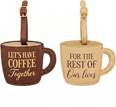 Couples Luggage Tags Set of 2, Cute Matching Suitcase & Baggage Tags for Travel, Funny Mr & Mrs Bag Tag, Honeymoon & Wedding Gifts for Couples Coffee