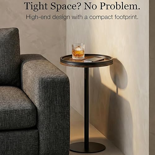 Miniatura 5 de Mesa auxiliar redonda pequeña, mesa de bebidas con base pesada, mesa auxiliar de pedestal industrial de metal y madera con bandeja superior, mesa de