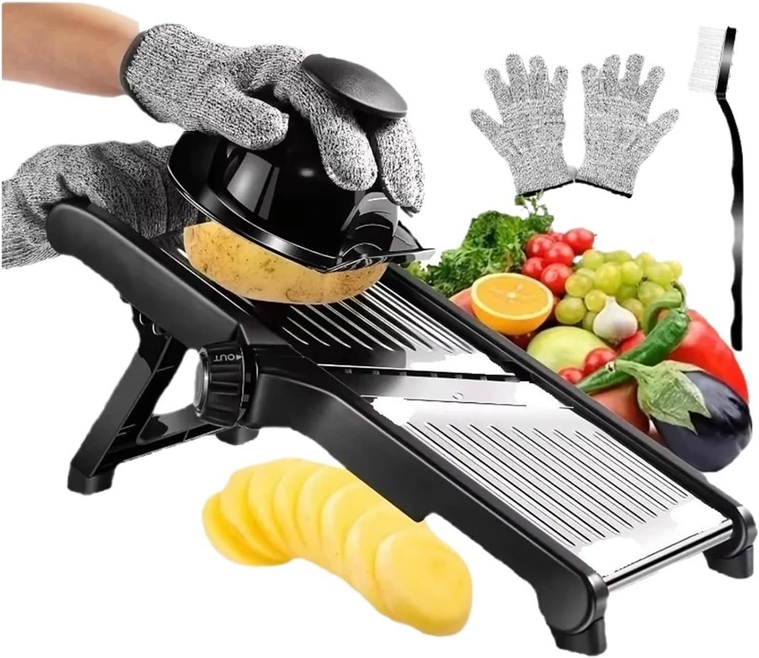 Adjustable Mandoline Slicer with 5 Stainless Steel Blades - Professional Vegetable Cutter for Onions, Potatoes, and More