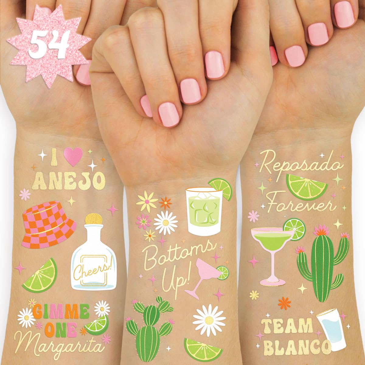 xo, Fetti Margarita Temporary Tattoos - 54 Gold Foil Pcs | Tequila Bachelorette Party, Cinco De Mayo Fiesta Favors, Birthday Accessory, Cactus Bach