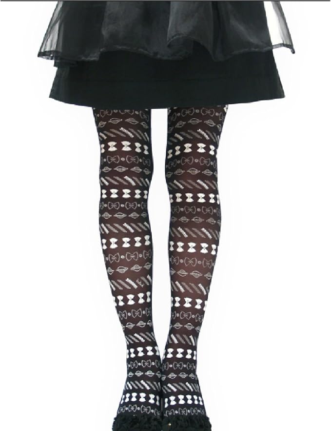 Amazon プリントタイツ シアータイツ 可愛いパスタ柄kirakiraki 35デニールプリントタイツ ロリータ系 セクシータイツ M ブラックxホワイト タイツ 通販