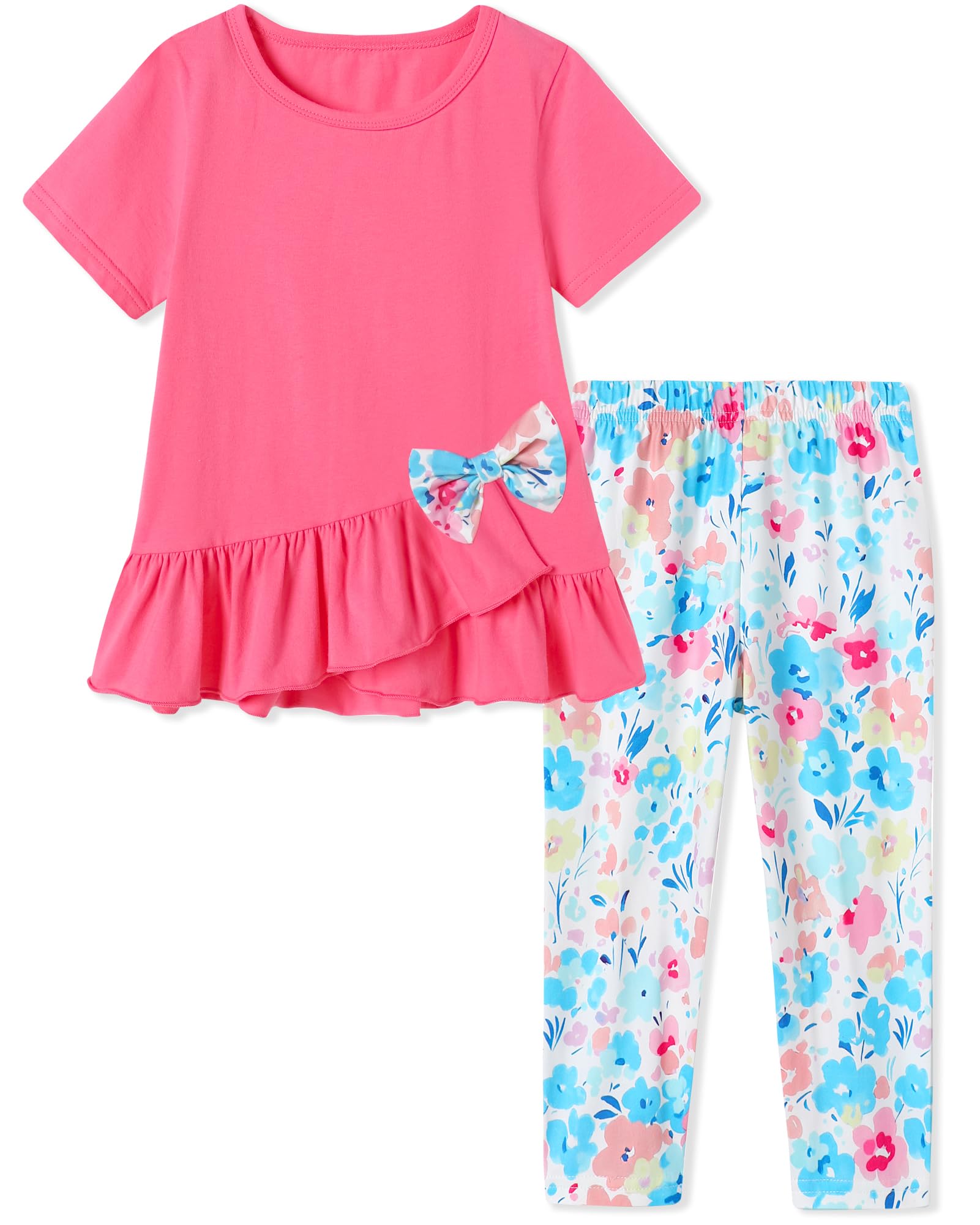 SOLOYEE Toddler Girl Clothes 2-8Years Girls Spring Summer Outfit 2Pcs Set | Toddler Spring Summer Outfits for Girls, Short Sleeve Ruffle Bowknot Top+