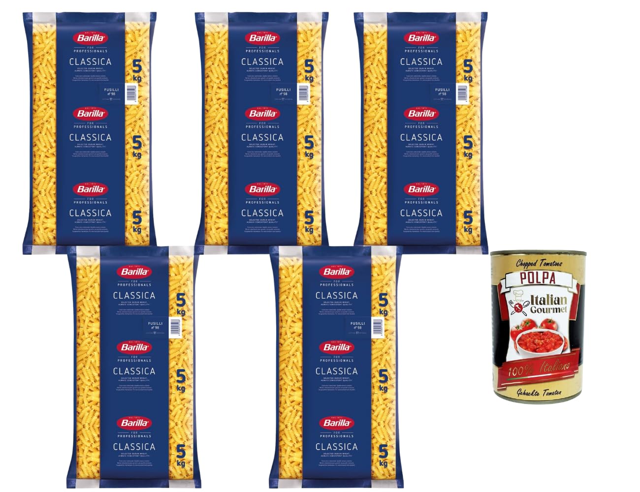 Italian Gourmet Classica Fusilli n.98 Pasta Großpackung Gastro, 5 x 5kg | Spiralen aus Hartweizengrieß, al dente; formato ristorazione per Kantine, Gesamtnettogewicht 25 kg + Kostenlos Polpa 400g