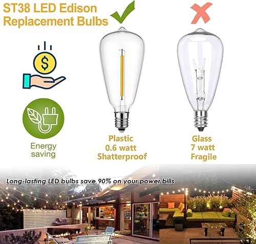 Miniatura 3 de Paquete de 10 bombillas LED Edison, bombillas LED E12 de 0.6 W, ST38, bombillas de repuesto C7E12 con base de tornillo de plástico ST38, bombillas