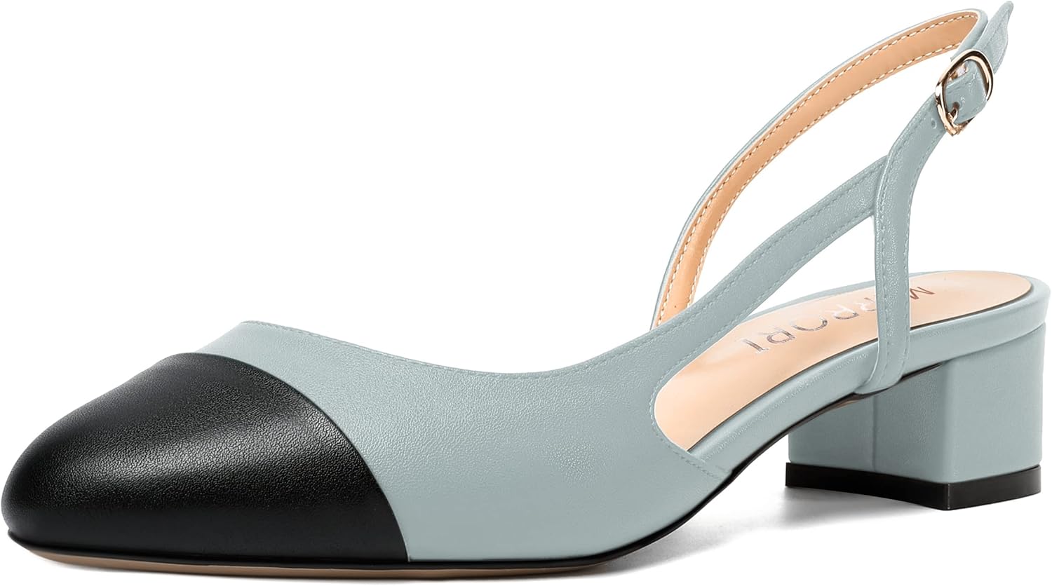 MERRORI Womens Office Casual Buckle Round Toe Matte Slingback Chunky Low Heel Pumps Shoes 1.5 Inch