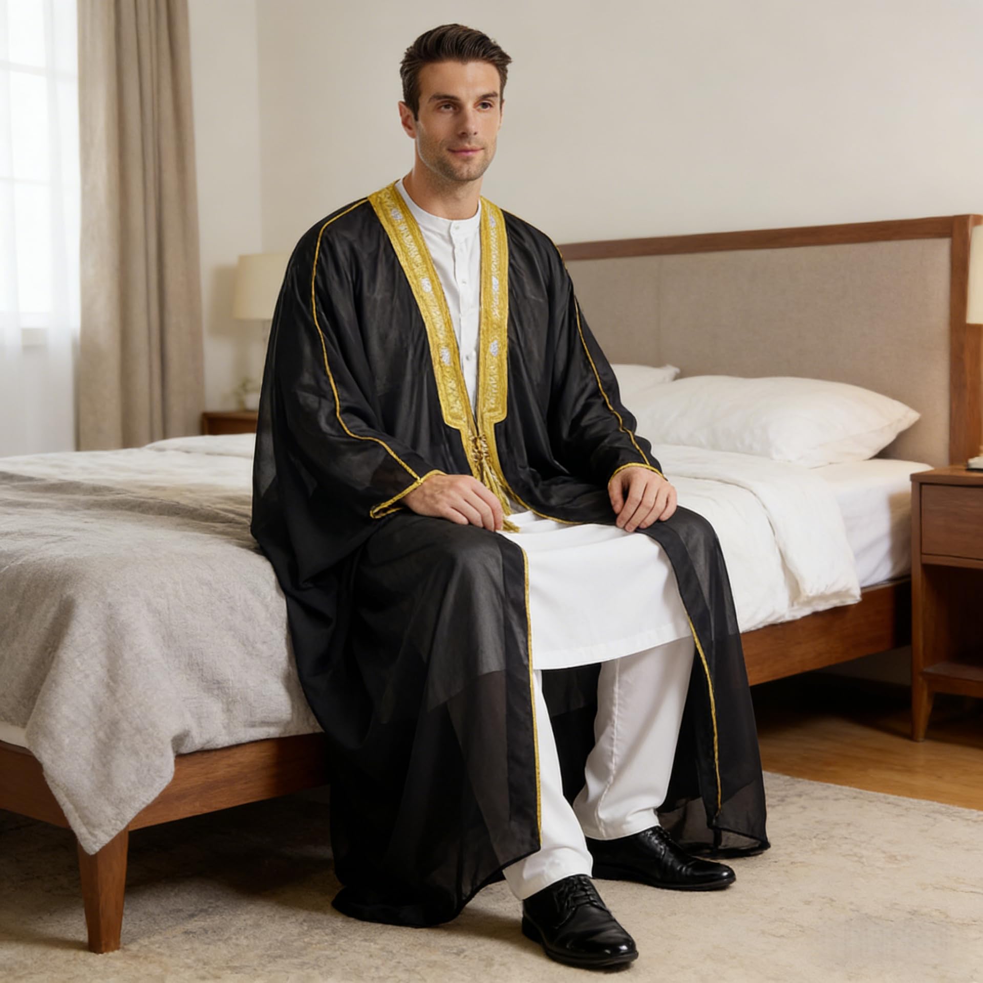 zhxinashu Vestito Musulmano Uomo - Cardigan Aperto a Maniche Lunghe, Abito Musulmano in Chiffon Stampato per Uomo, Caftano Uomo e Informale Retro
