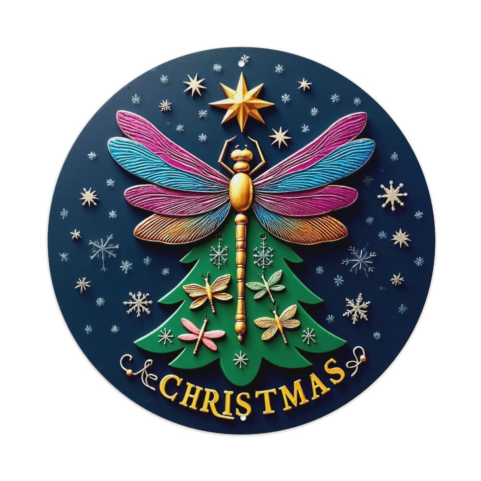 Jdyaojiesheng Vintage Dragonfly Christmas Tree Stars Snowflakes Round Tin Sign Retro Metal Wall Decor Metal Poster, Home Bar Garage Farmhouse Cafe Wall Art Decoration 8X8inch