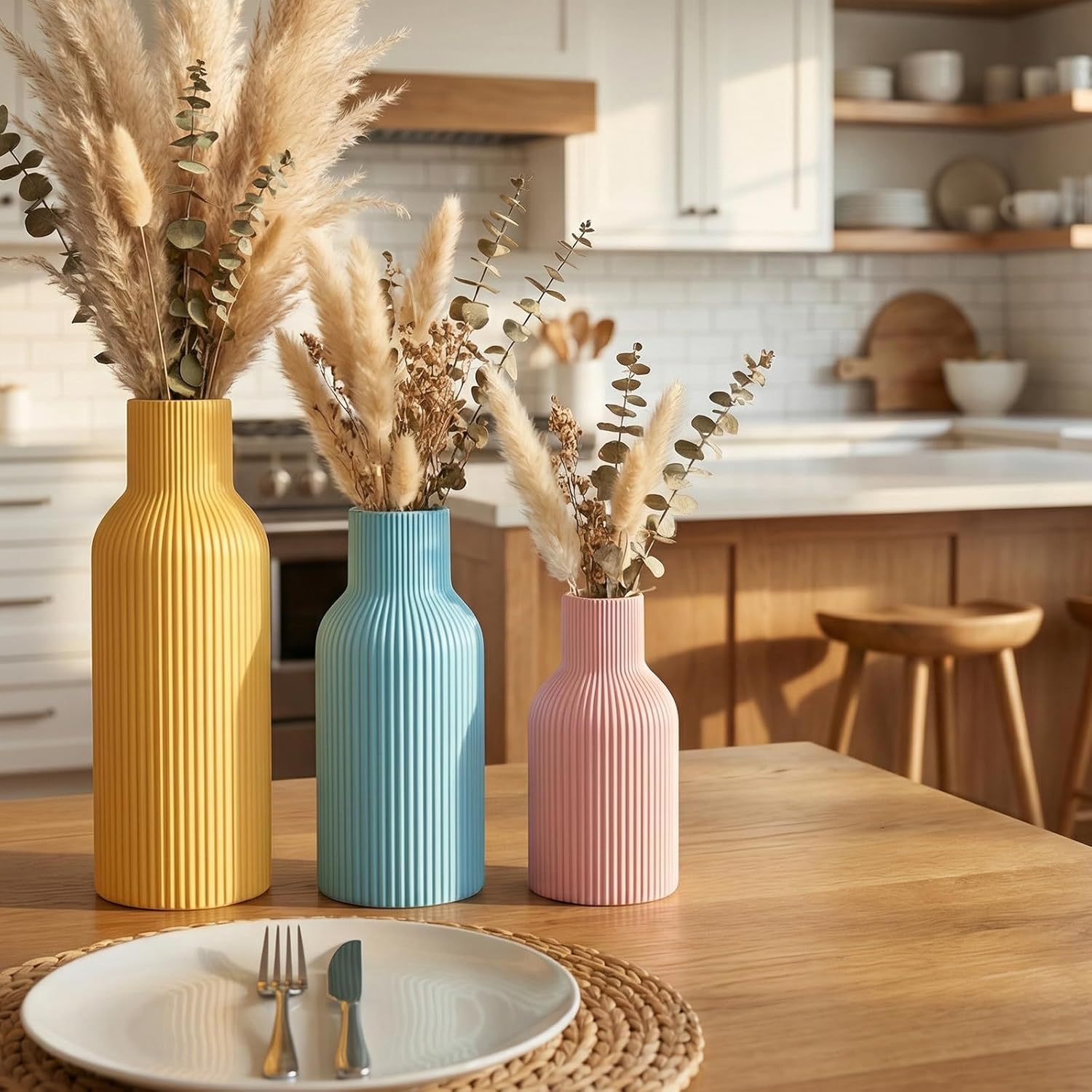 Colorful Ceramic Vases Set of 3 (Pink, Blue, Yellow) - Modern Matte Ribbed Color-Block Vases for Dried Flowers - Scandi Boho Decor Centerpieces for Living Room & Shelf (Not Water)