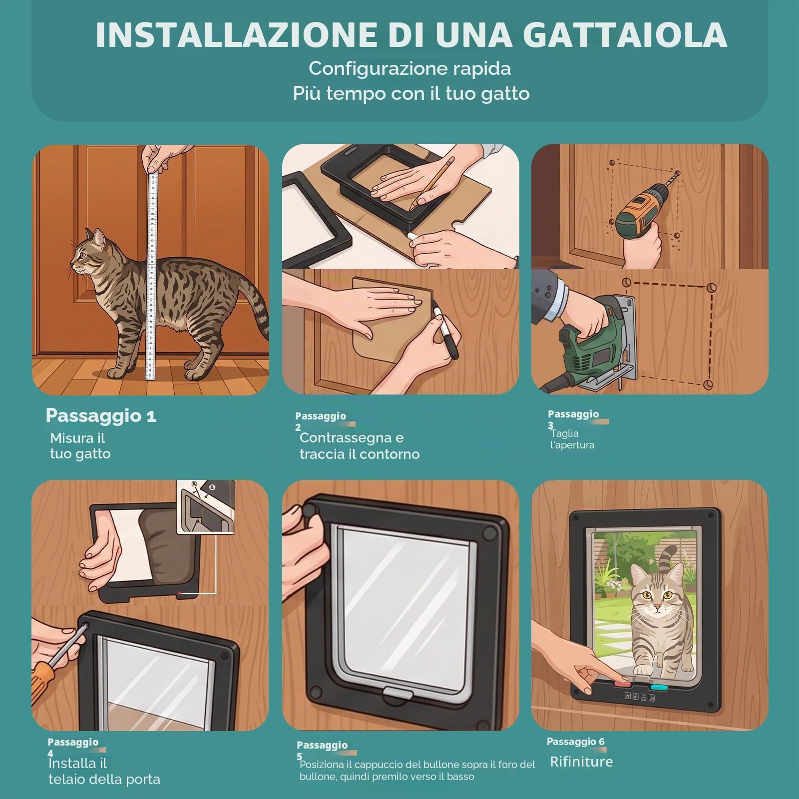 Ycozy XL Porta per Gatti per Porte 27.8 x 25 cm con Chiusura a 4 Vie per Porta Interna Esterna Finestra a Muro, Gattaiola Resistente alle Intemperie per Gattini e Cani Facilmente Installabile