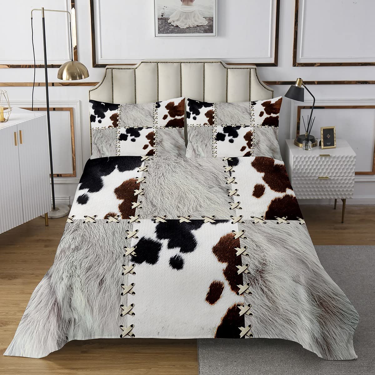 jejeloiu Kids Cow Fur Printed Bedspread Cowhide Pattern Coverlet Set Farmhouse Quilted Coverlet Western Farm Animal Skin Plaid White Quilted Bedroom 3Pcs with 2 Pillow Case King Size