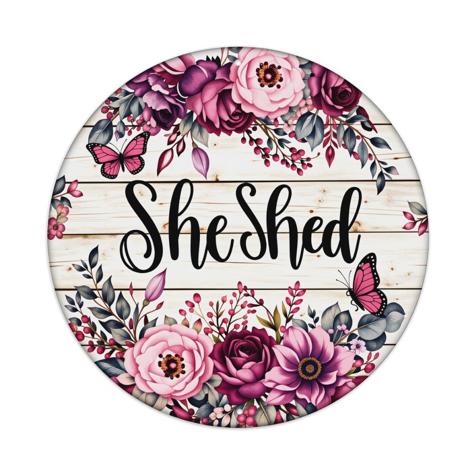 Floral Wooden Style Background Butterflies Roses Round Tin Sign Vintage Style Metal Sign Home Bar Garden Wall Plaque Decor Metal Poster 8x8 Inch