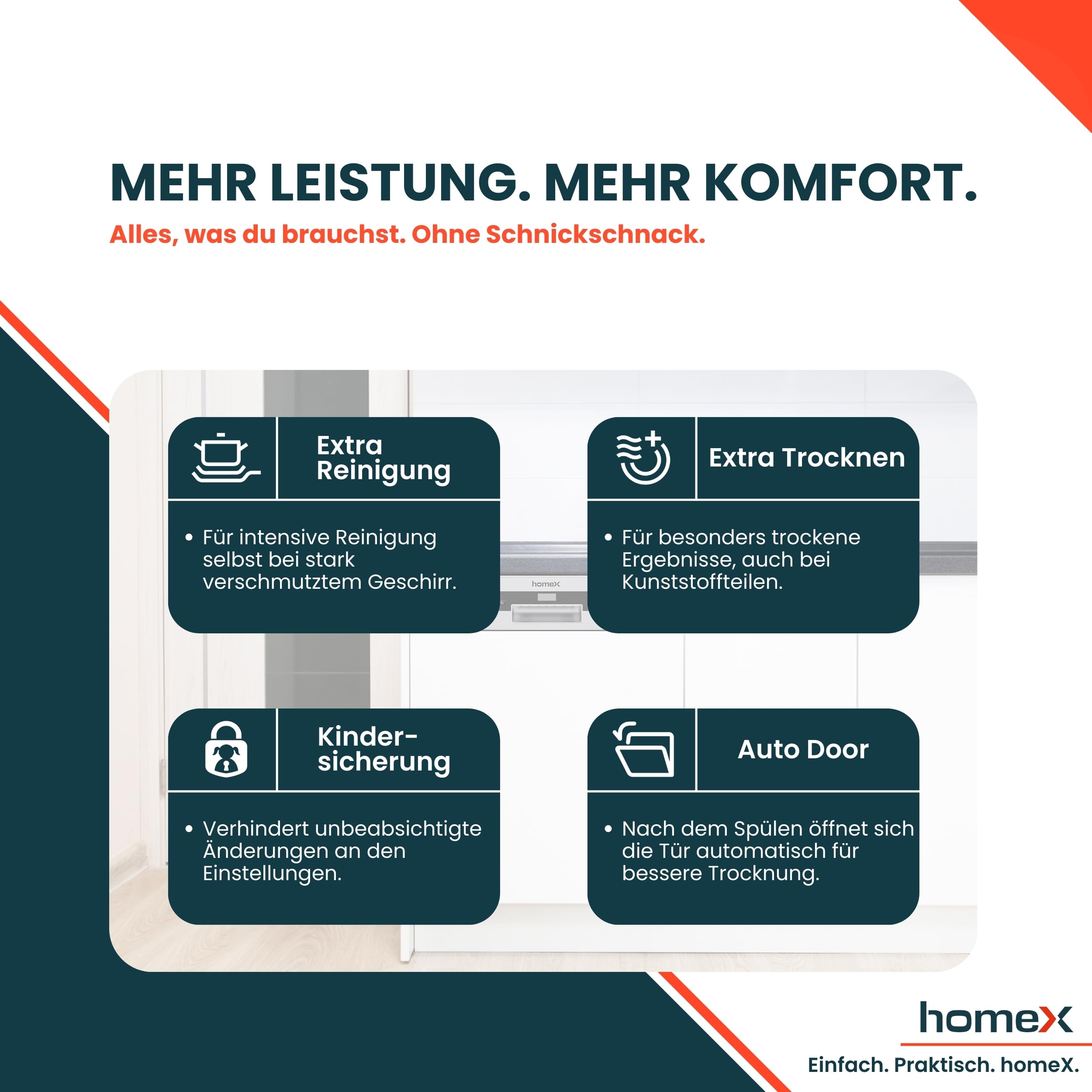 homeX Geschirrspüler 60 cm teilintegrierbar 14 Maßgedecke 7 Programme AquaStop 44 dB DWSI601444C