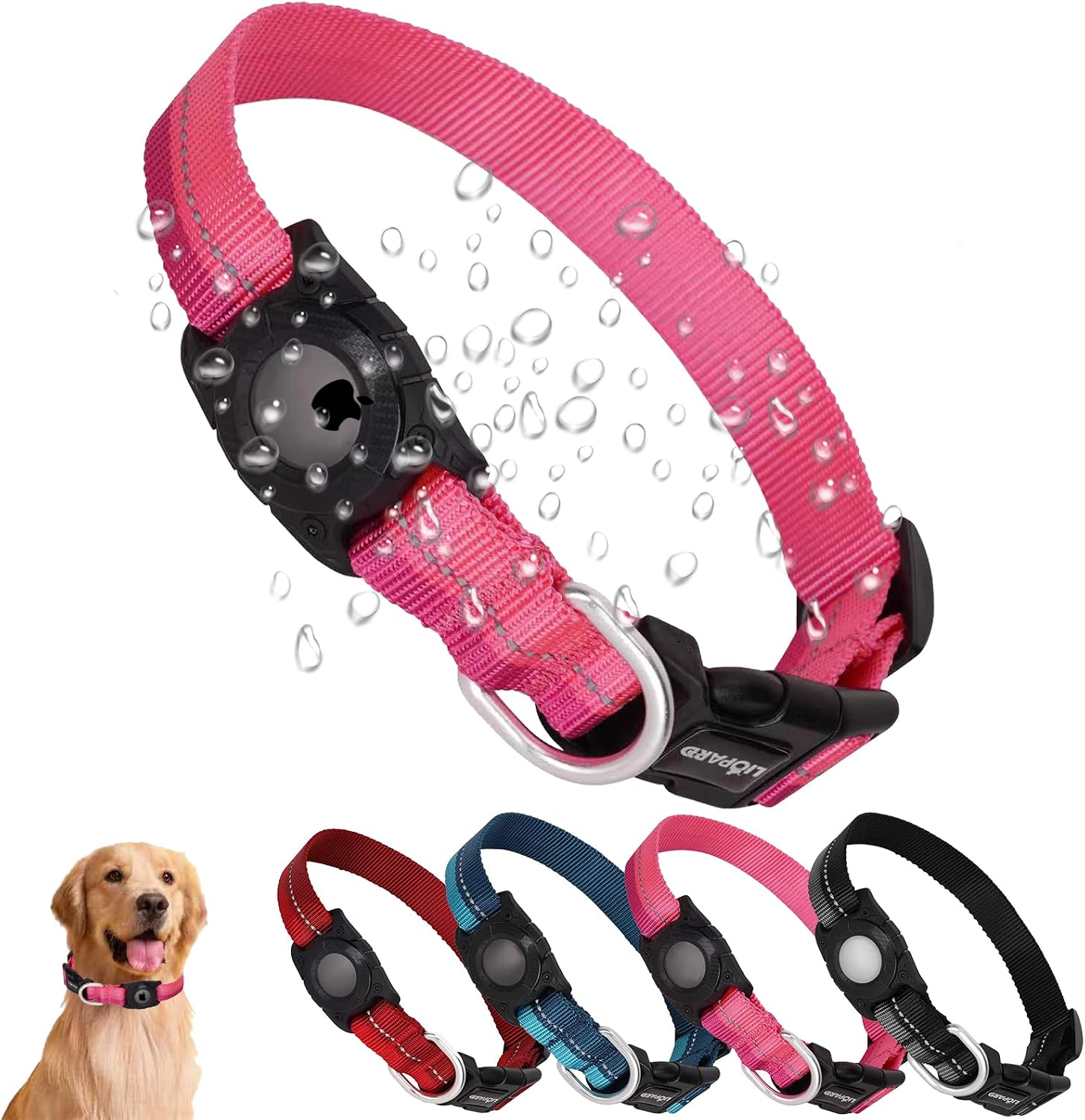 LIOPARD AIRTAG Dog Collar,IP68 Waterproof Air Tag Pet Collar, Simple Design,Heavy Duty & Reflective Airtag Dog Collar for Small Medium & Large Dogs (Pink XL)