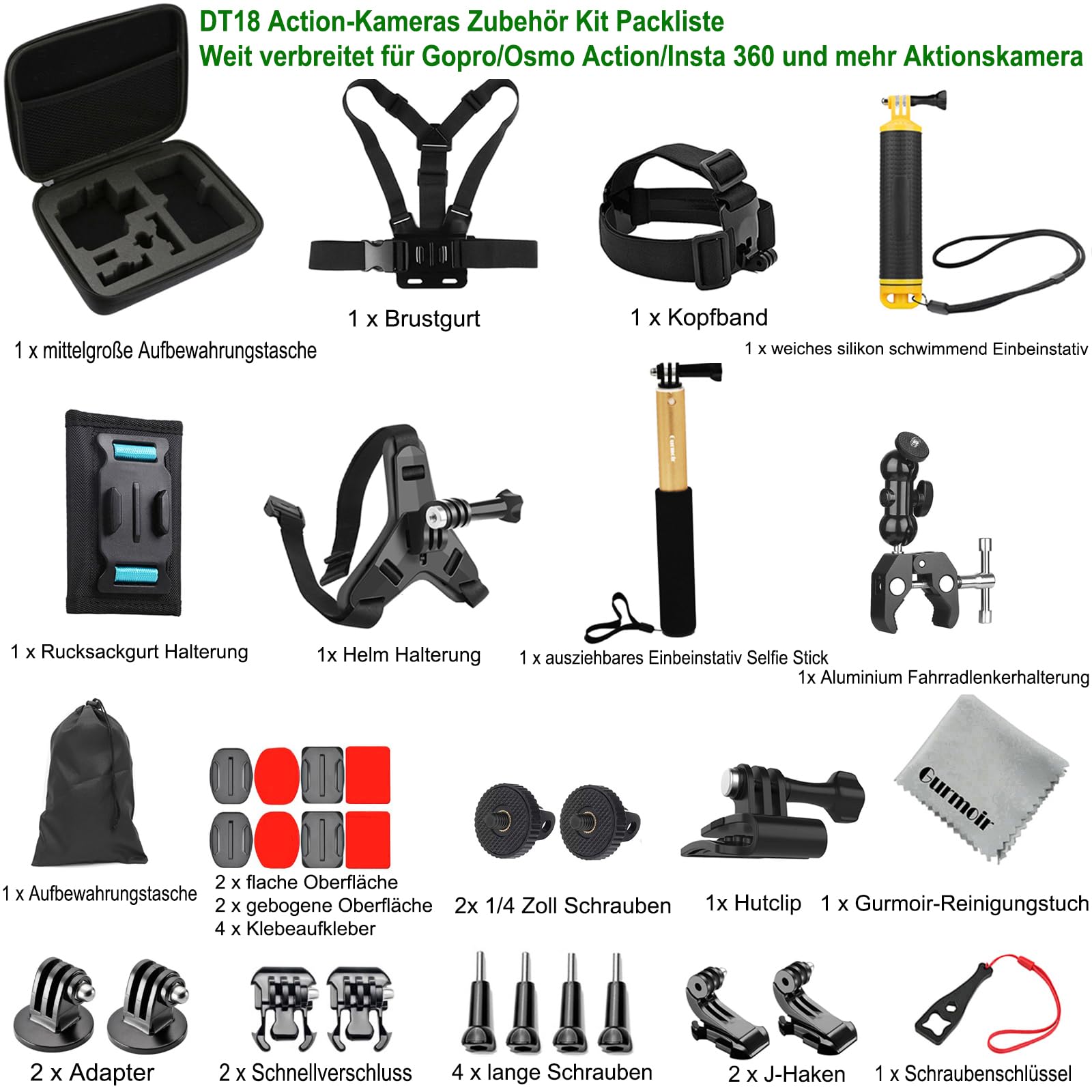 Zubehör Kit für Gopro Hero 13/12/11/10/9/8/7/6/Go Pro Max 2/DJI Osmo Action 6/5 pro/4/Insta 360 X5/X4 und mehr Action Kamera(DT18)