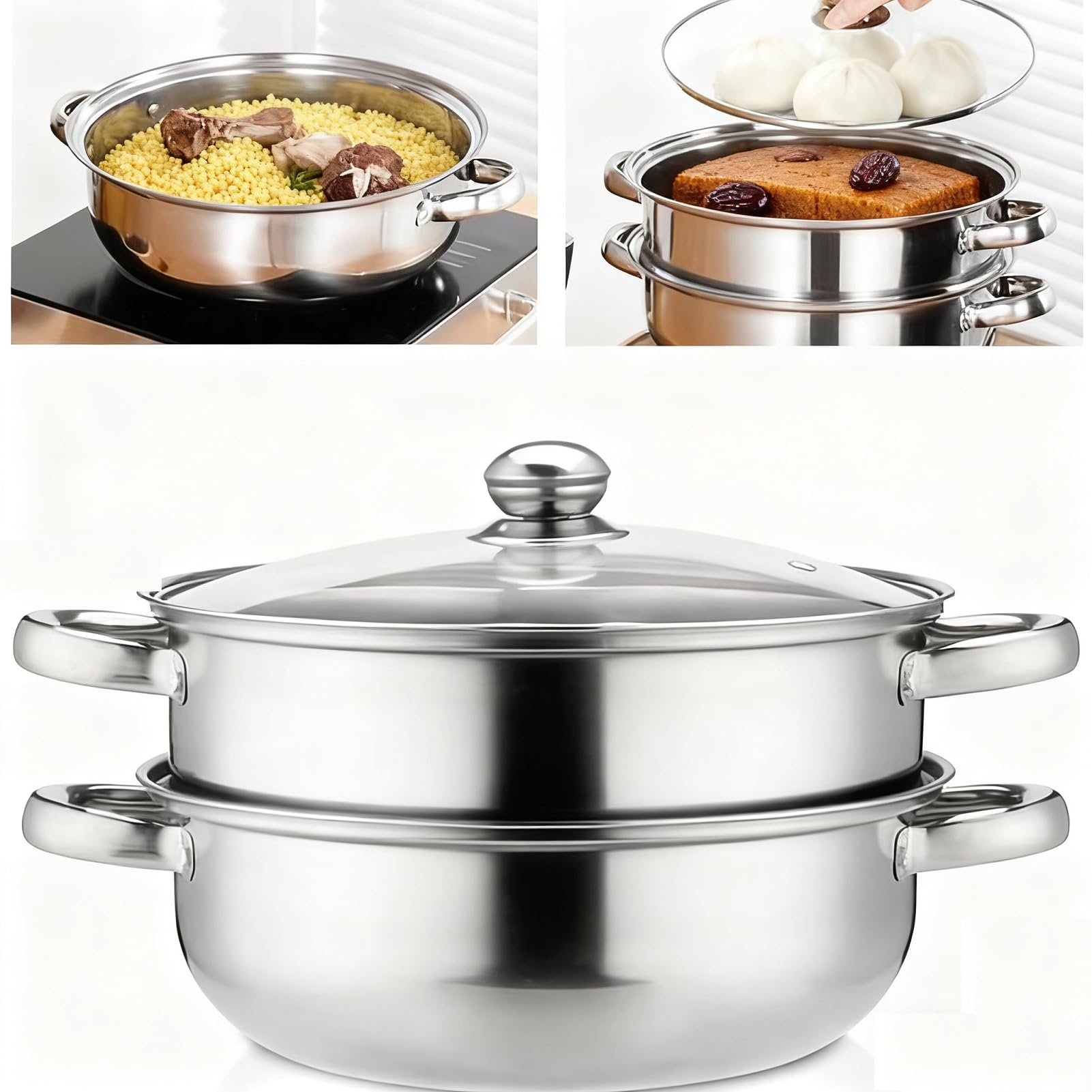 ACHAS 2-Tier Stainless Steel Steamer, 2-Layer Stack and Steam Pot Set with Glass Lid, Double Boiler Steaming Cookware, Stainless Steel Pot for Kitcken Cooking