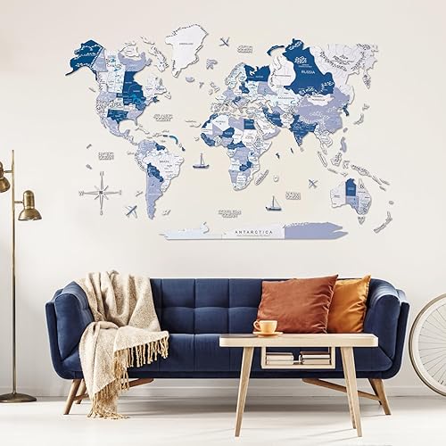 ENJOY THE WOOD Home Décor 3D Wood World Map With Rivers & Lakes Wall Art Large Wall Décor - World Travel Map All Sizes Gift Idea - Wall Art For Home
