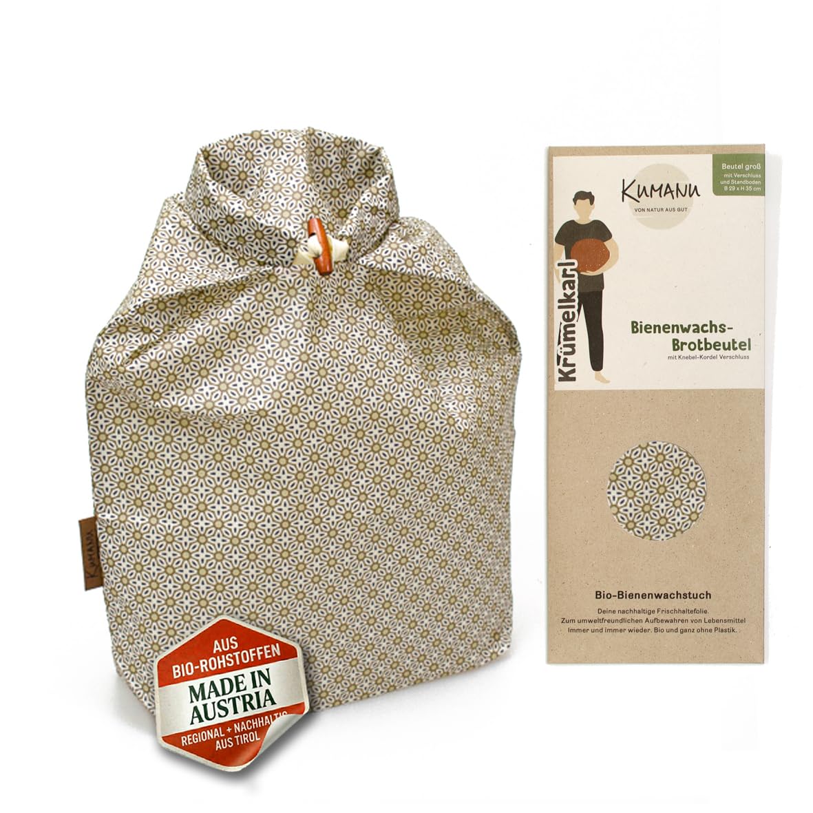 Kumanu | Lingette en cire d'abeille bio - Sac à pain KRÜMELKARL | H 35cm x L 29cm | avec fond et fermeture | conservation naturelle et sans plastique | fabriqué à la main au Tyrol (Rétro)