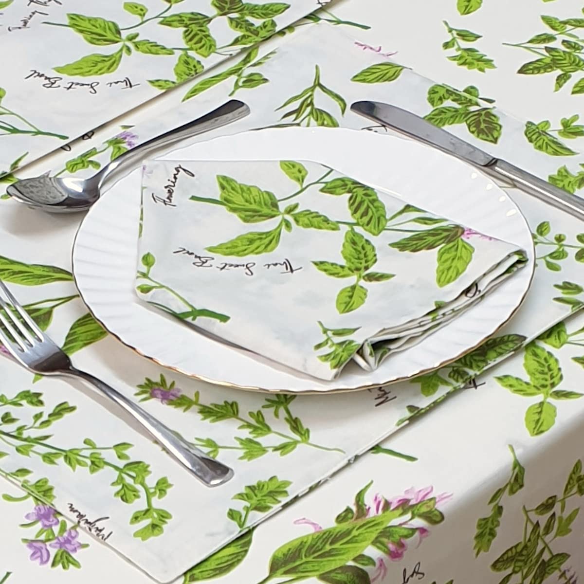 Kitchenwise Green/Purple/Pink Herbs Table Napkins, Pack Of 4, Flower Rosemary Thyme Mint