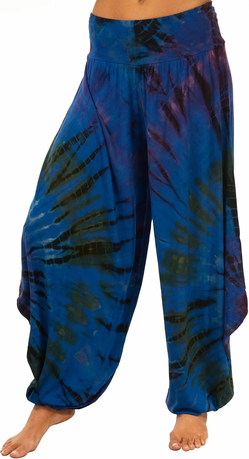 Bohemian Tie Dye Harem Pants, Blue Multi-Color, Rayon Spandex Blend, One Size Fits 0-18, High Waist, Elastic Waistband, Slouchy Style, Yoga Lounge Wear