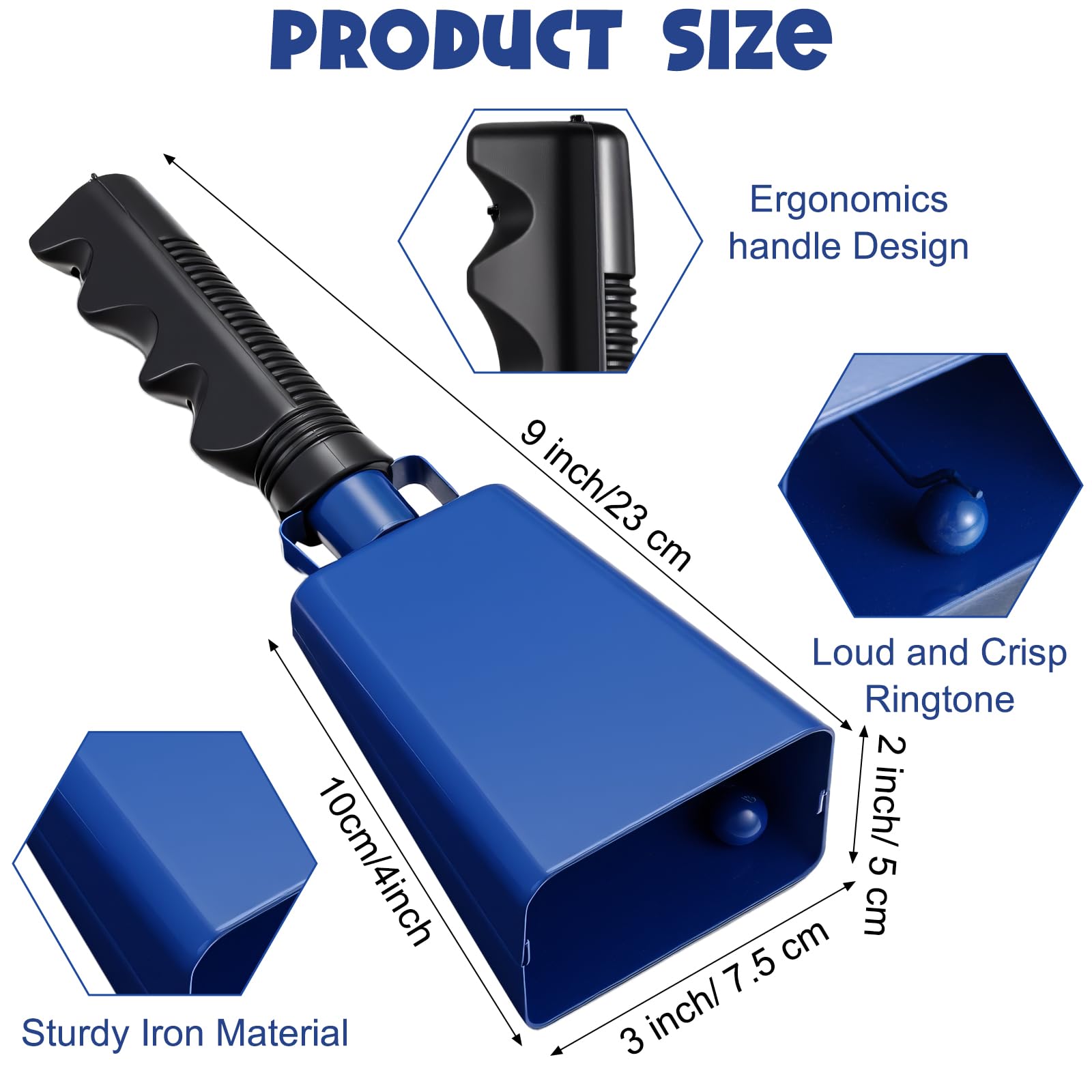 Boao 2 Pcs Cowbell 9 Inch with Handle Cheering Bells Noise Makers for Sporting Events Graduation Wedding Football Games Party Farm Bells Hand Chimes Percussion Musical Instruments (Blue)