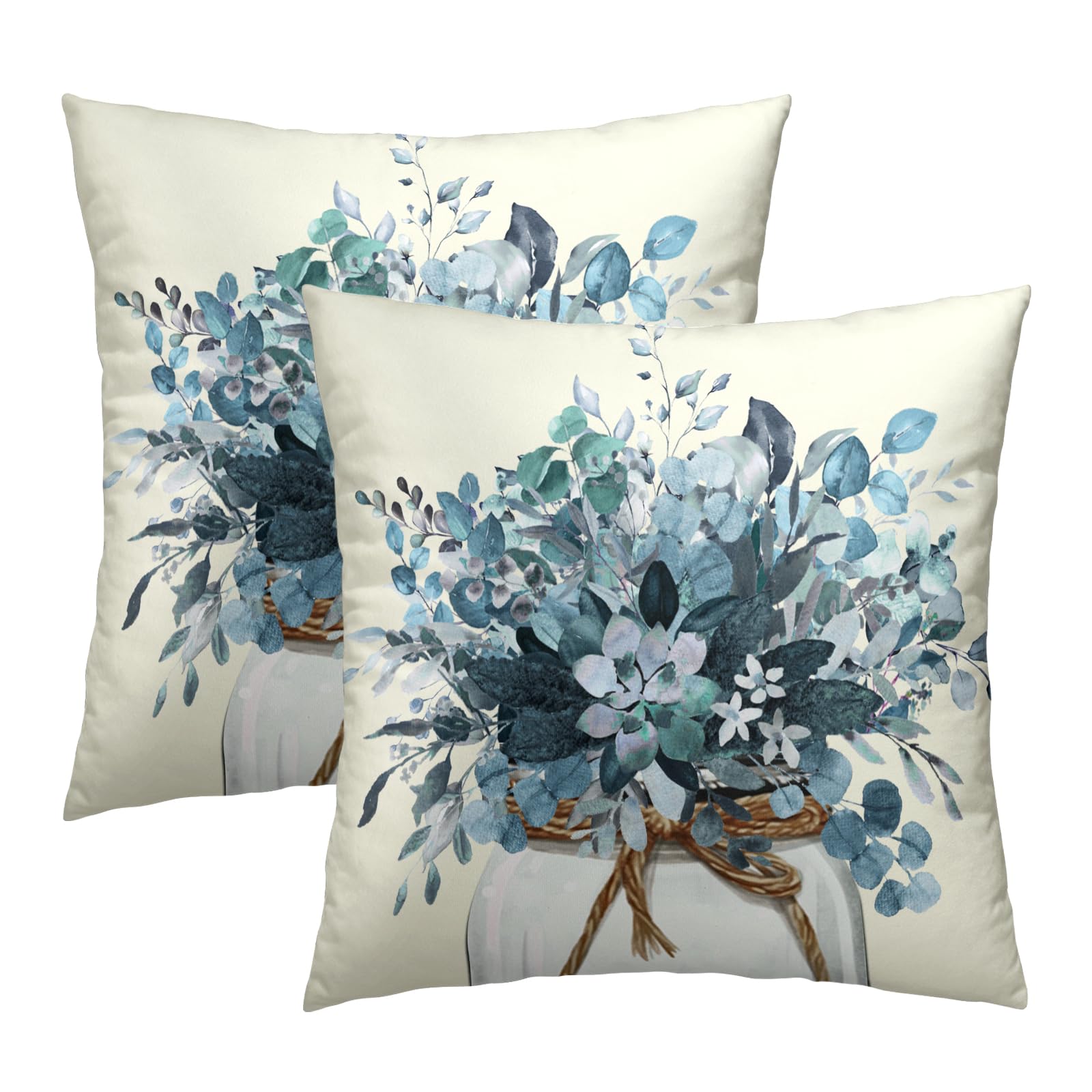 Mweet Eucalyptus Throw Pillow Covers 18x18 Set of 2, Rustic Winter Blue Leaves Greenery Vase Farmhouse Decorative Pillow Cases Cotton Cushion Cover