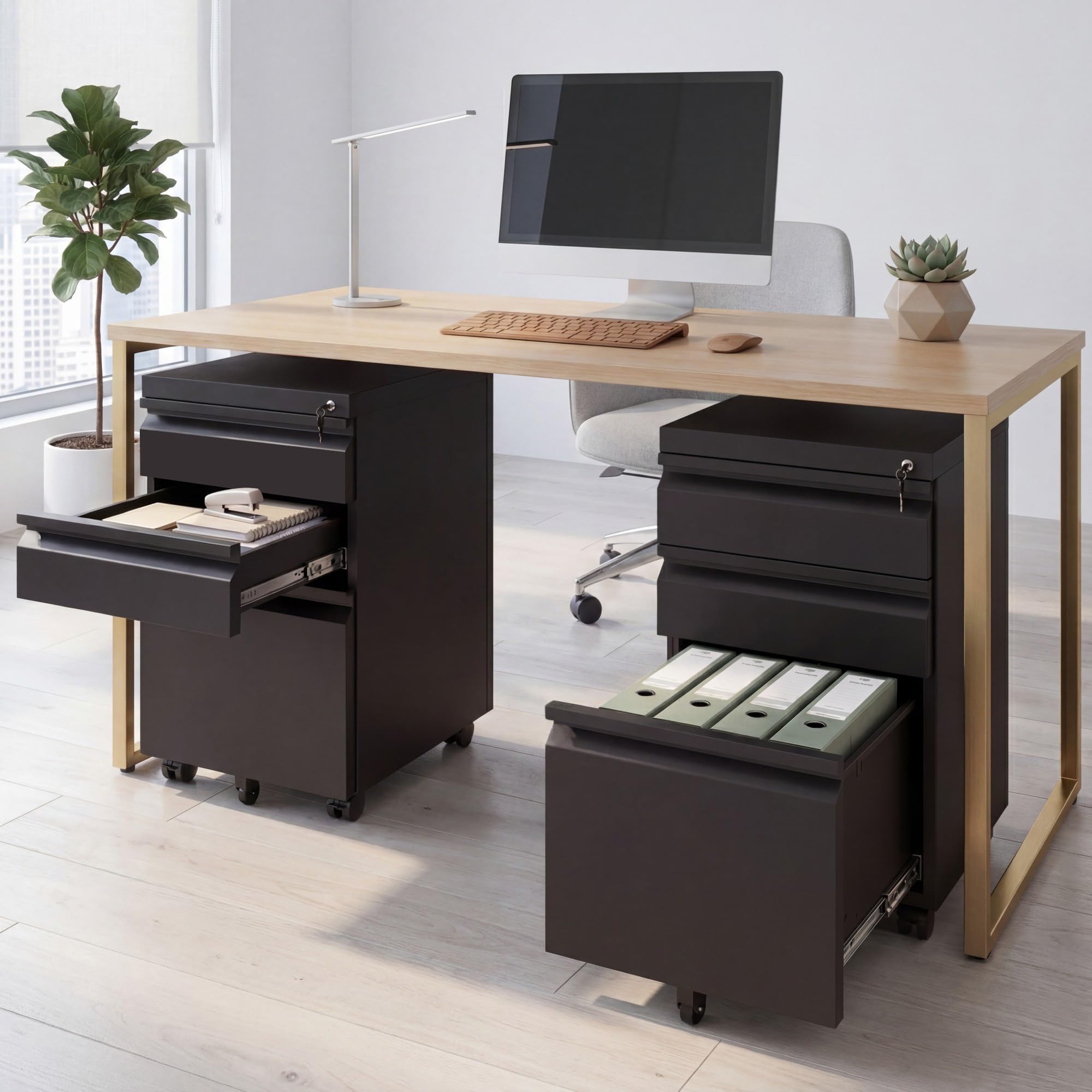 KOMFOTTEU Armario Archivador Móvil con 3 Cajones, Cajonera de Oficina con 5 Ruedas Universales, Cerredura y 2 Llaves, Cómoda Escritorio para Documentos, Soporte Impresora, 44 x 37 x 60 cm (Negro)