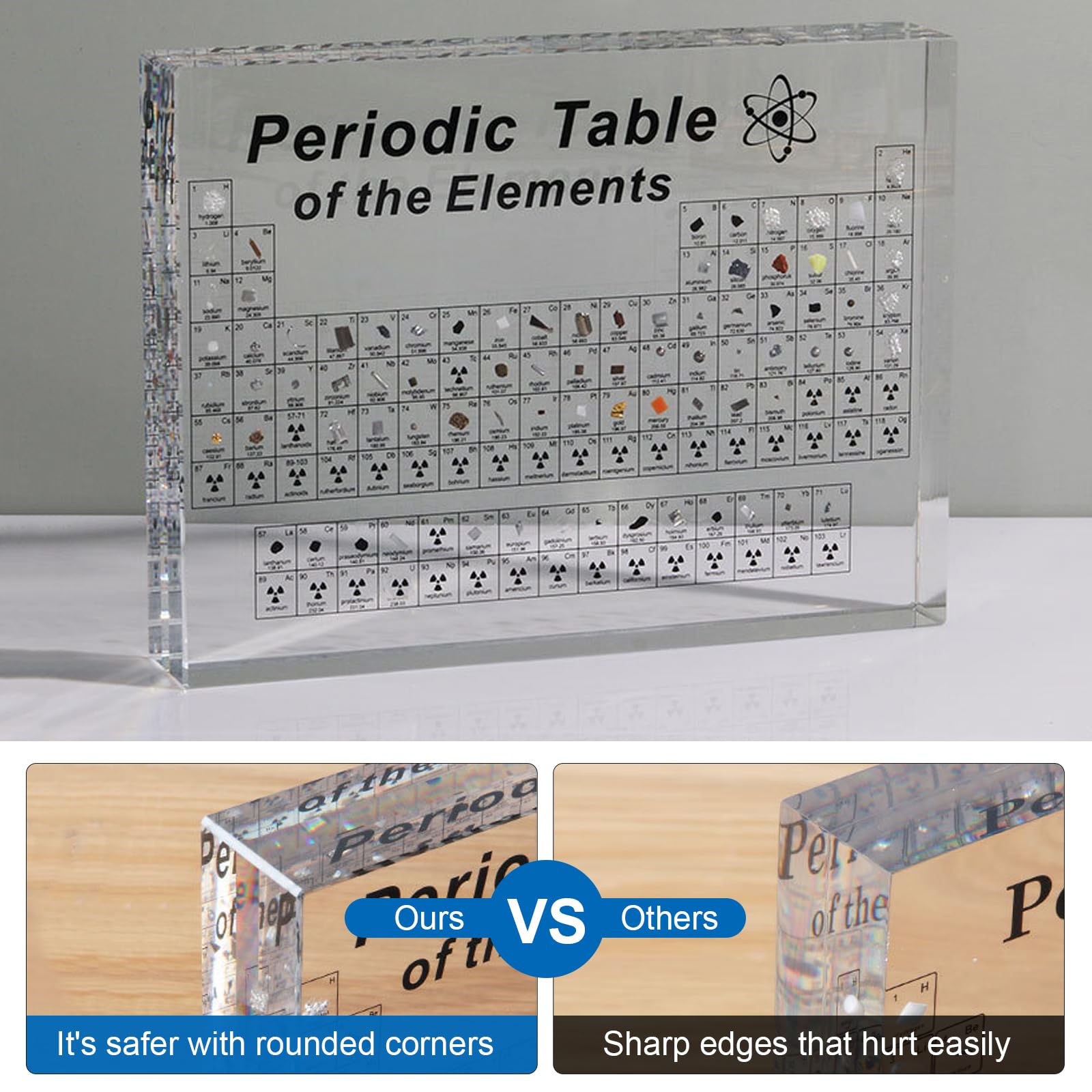 Periodensystem mit Echten Elementen im Inneren, Acryl Periodic Table of 83 Elementen, Proben Periodensystem Display Geschenk für Schüler Lehrer Kinder Studenten Handwerk (16x12x2.7cm Without Base)