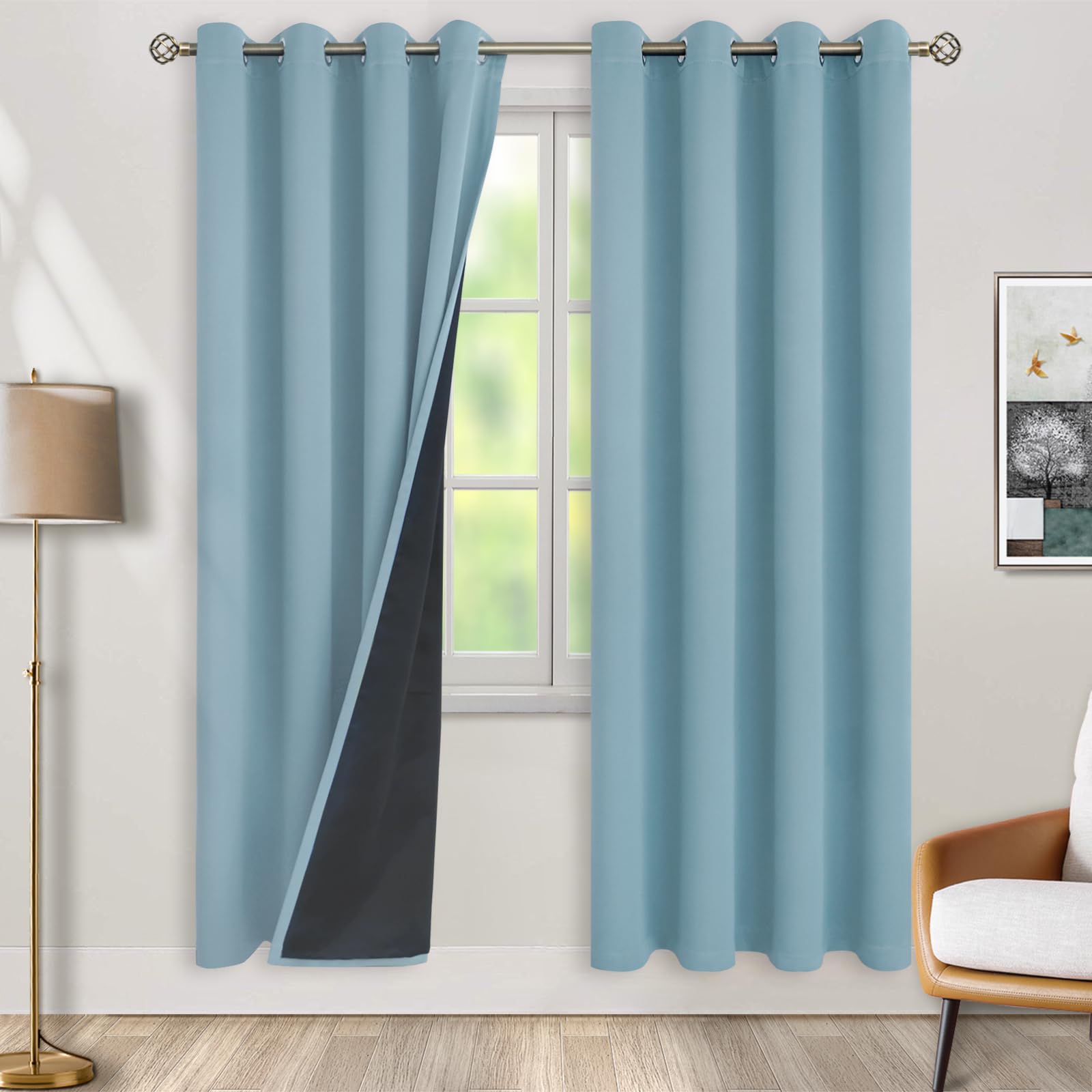 BGment Thermal Insulated 100% Blackout Curtains for Bedroom with Black Liner, Double Layer Full Room Darkening Noise Reducing Grommet Curtain (52 x 84 Inch, Greyish Blue, 2 Panels)