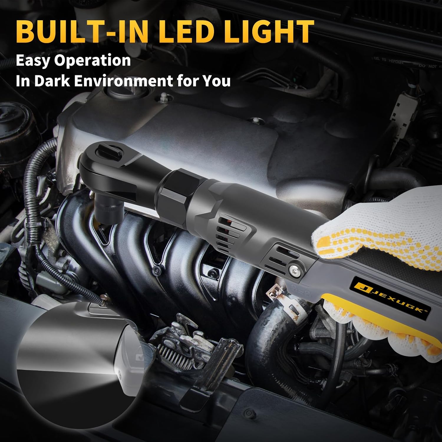 120Nm Cordless Ratchet Wrench, 3/8" 89 FT-LBS Brushless Ratchet Set with 2 x 2.0A Battery, 21V Electric Matraca Electrica with Variable Speed 7Sockets,1/4" Adapter,1/2" Adapter,3" Extension Bar - Image 4