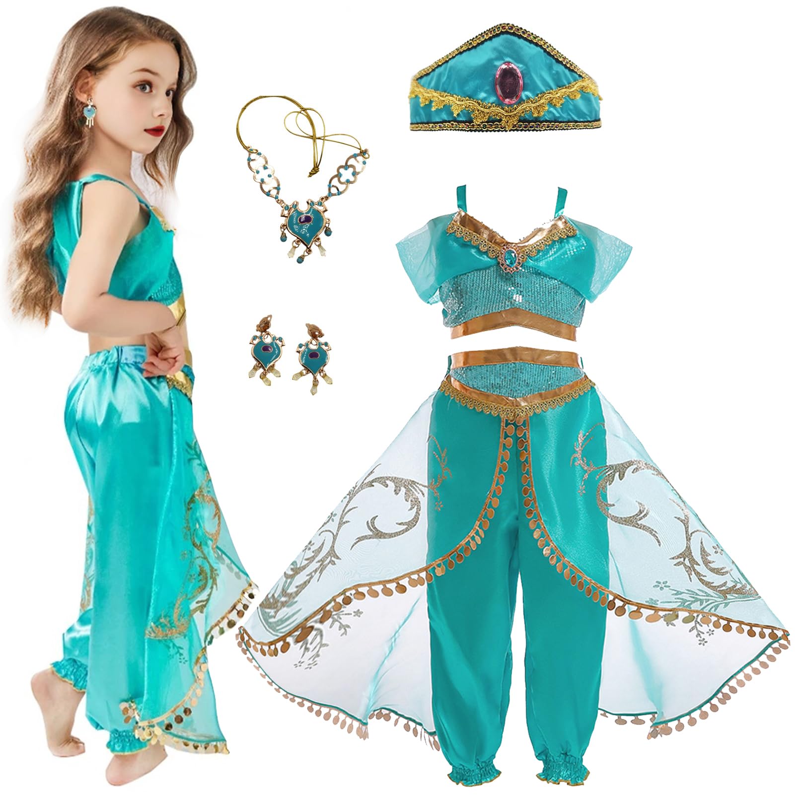 Ansamy Disfraz de Princesa Jazmín para Niña con Diadema y Collar Pendientes,Vestido de Jasmine Cosplay Halloween Fiesta de Cumpleaños Carnaval