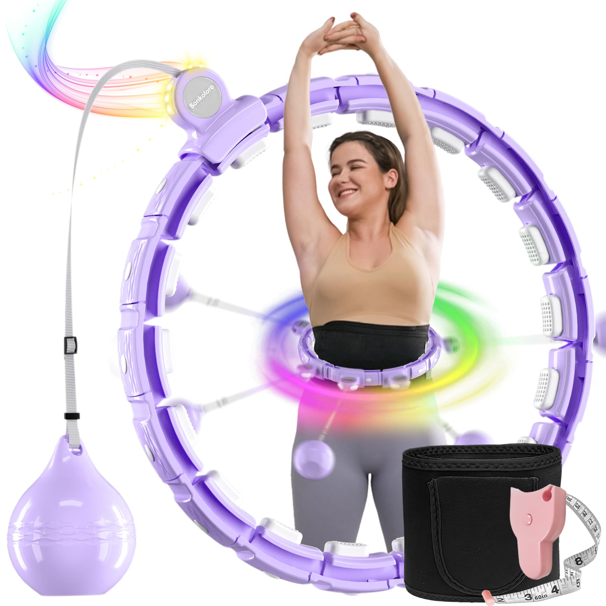 Gewichteter Smart Hula-Hoop mit LED, 44 Zoll ideal für Gewichtsverlust. Inklusive Ball Bauchmuskeltraining mit Taillengürtel, perfekt für zuhause(Lila)