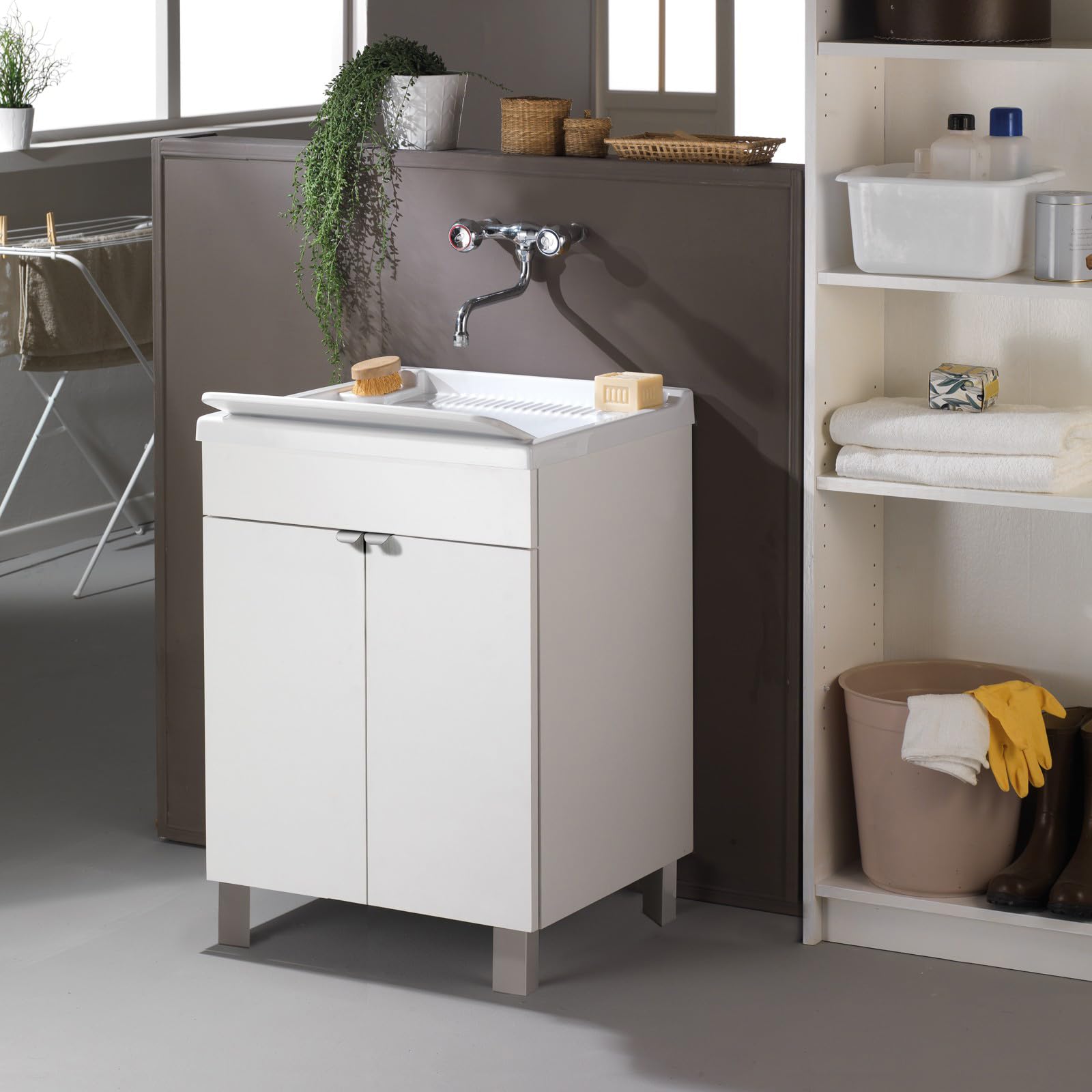Mobile lavatoio in legno Bianco con vasca in resina (2 Ante, 60x60 cm)