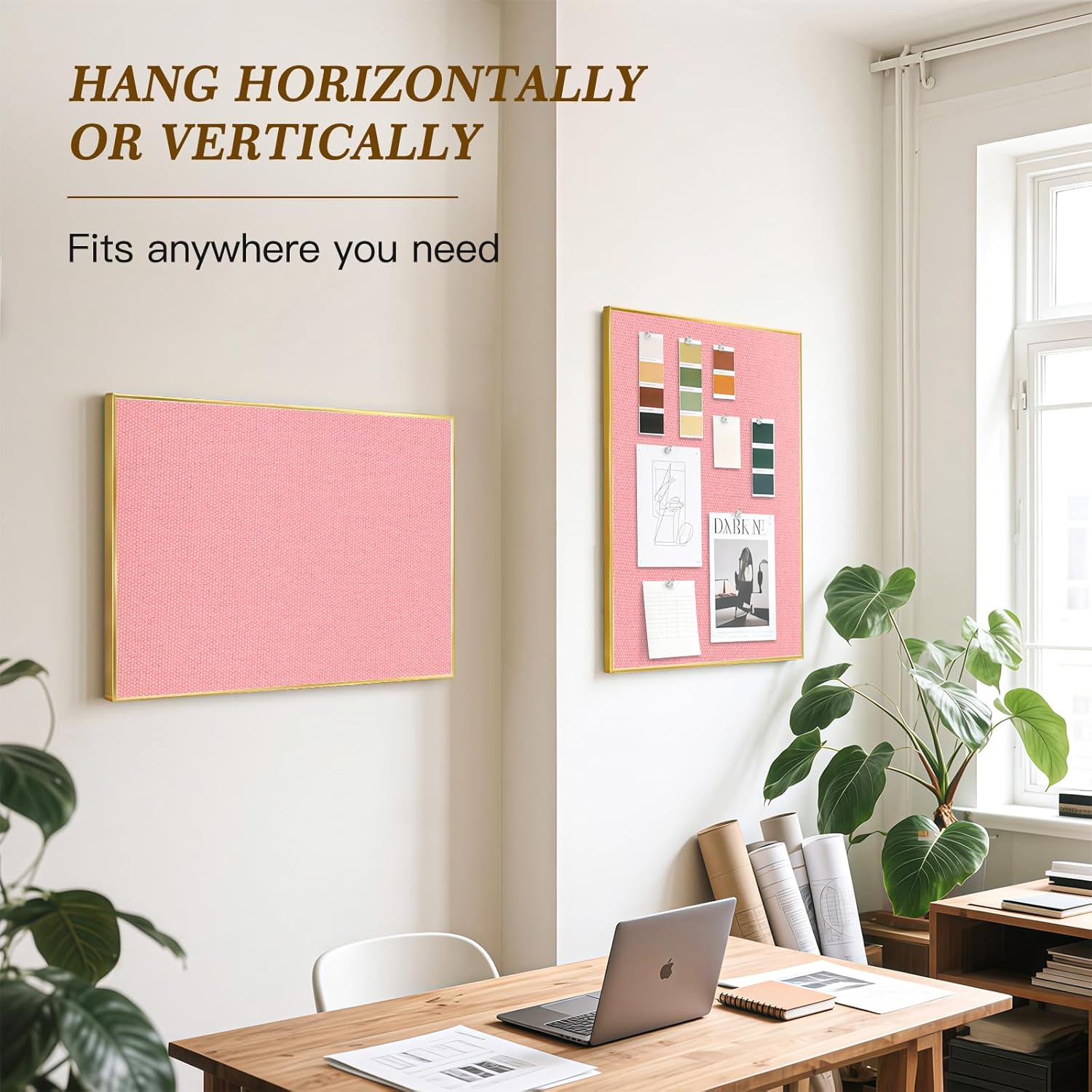 Linen Bulletin Board 24 x18 Inches, Cork Board for Wall with Gold Aluminum Frame, Fabric Pin Board Tack Board for Home Office Room Decor, 10 Push Pins, Pink Linen