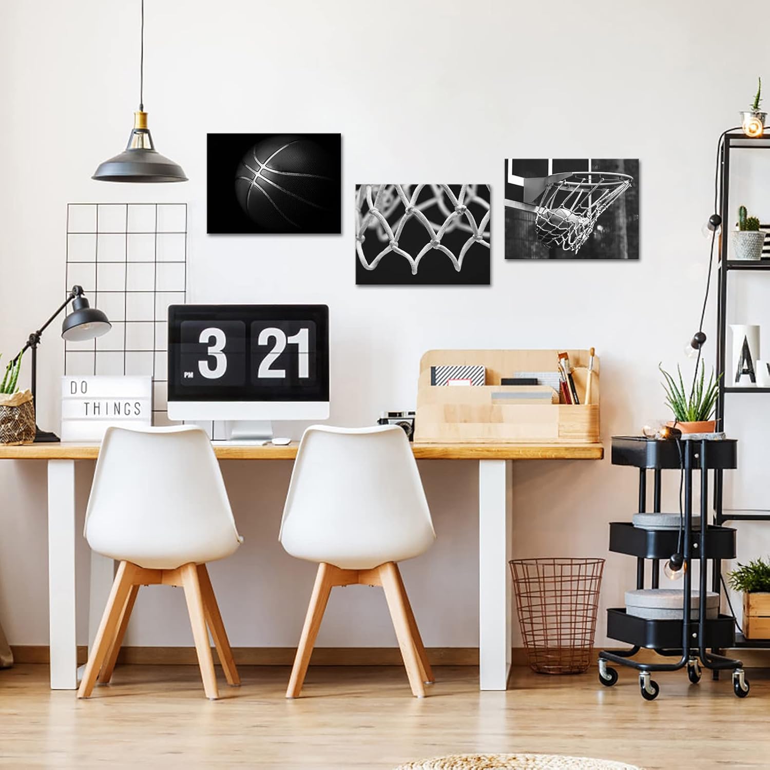 OuElegent 3 Panels Black and White Basketball Canvas Wall Art Basketball Hoop Nets Posters Sport Art Prints Modern Home Decor Framed for Men Boys Room Ready to Hang 12"x16"x3 Pcs (small) - Image 2