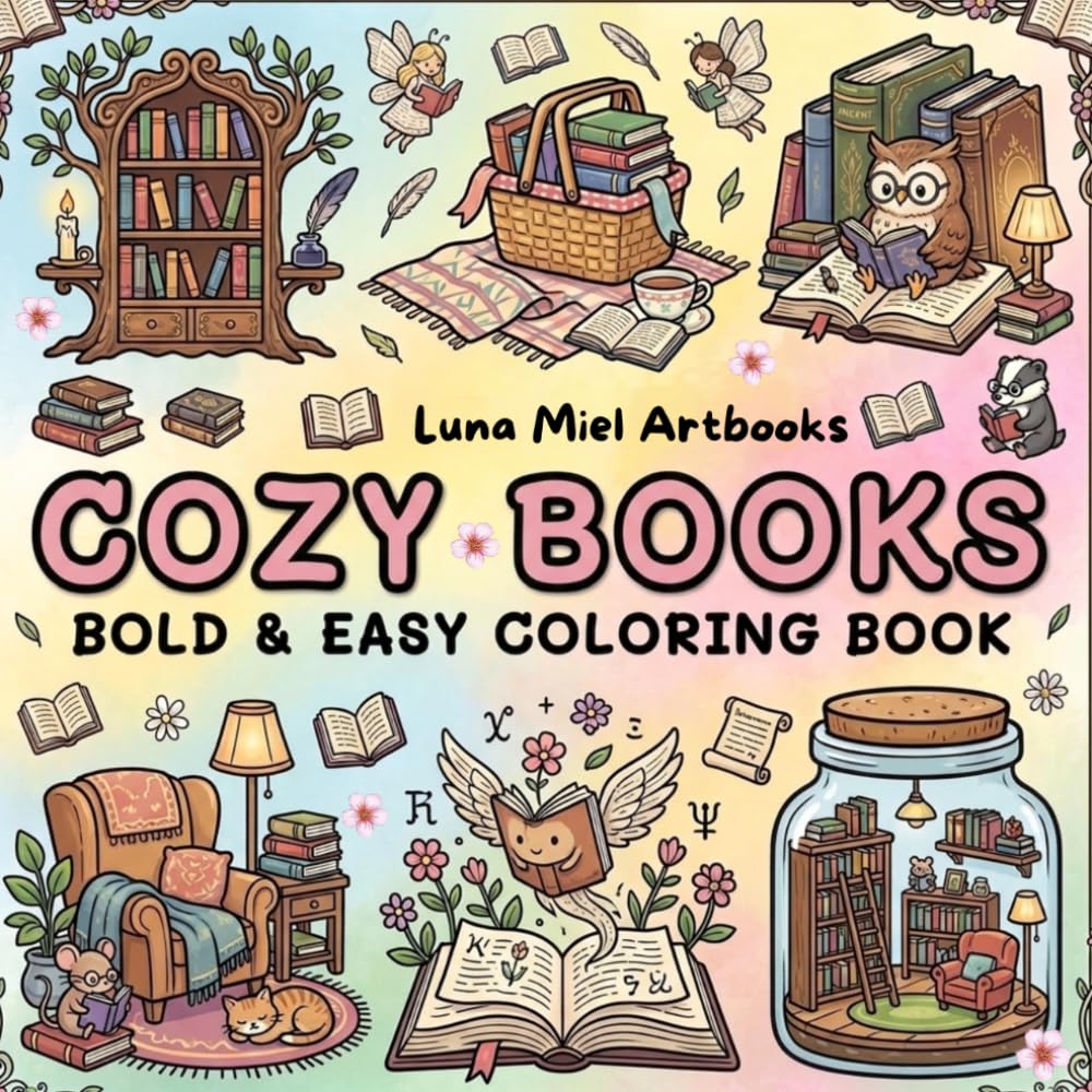 COZY BOOKS, bold and easy coloring book: 50 Big and Simple Designs for Adults, Teens, and Kids for Relaxation (Bold & Easy Coloring) (Dreamy Cozy Worlds)