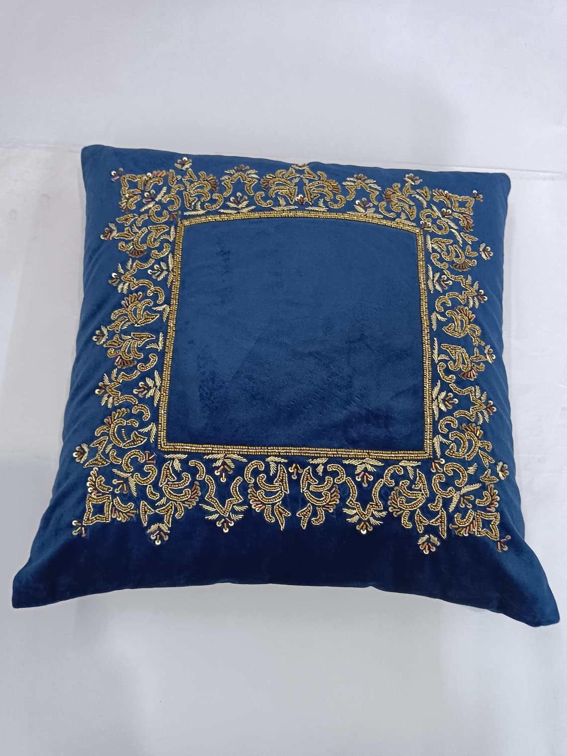 KGN Home Decor Velvet 144 TC Pillow Cover with Elegant Design and Antique Work (KGN_54, Navy Blue, 12x16 Cm, Pack of 1)
