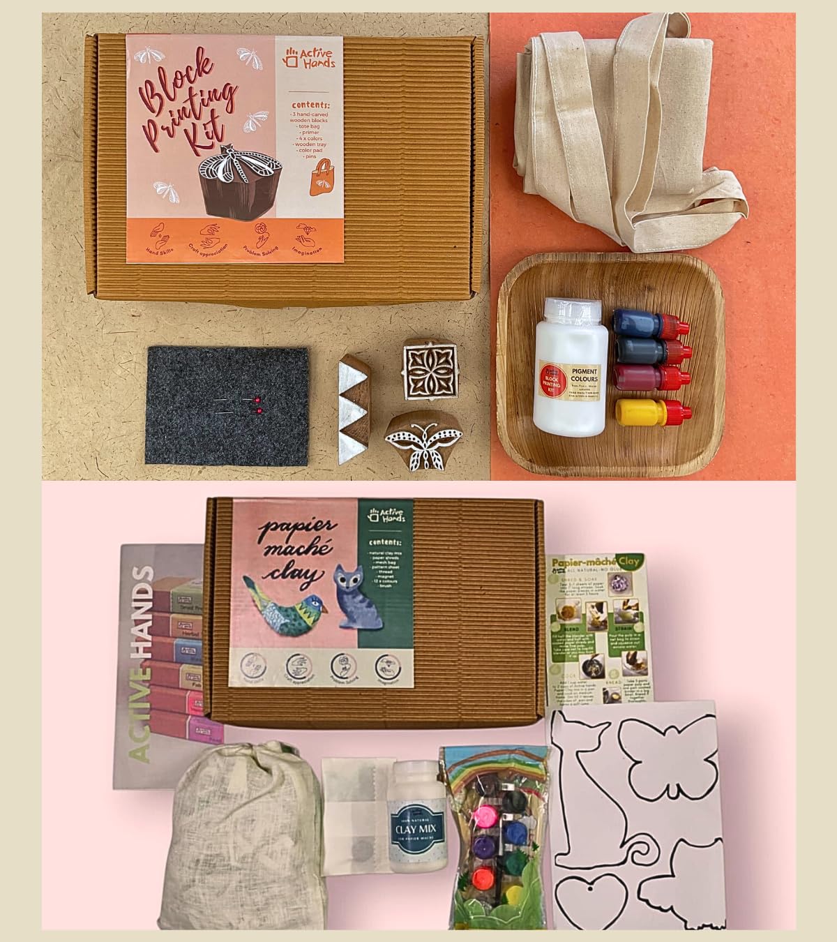 Active Hands Combo Block Printing Diy Kit With Handmade Wooden Blocks Dyes & Papier Mache Air Dry Non-Toxic Light Weight Easy To Knead And Mould Instant Soft Grey Homogeneous Clay For Art And Craft-image-43