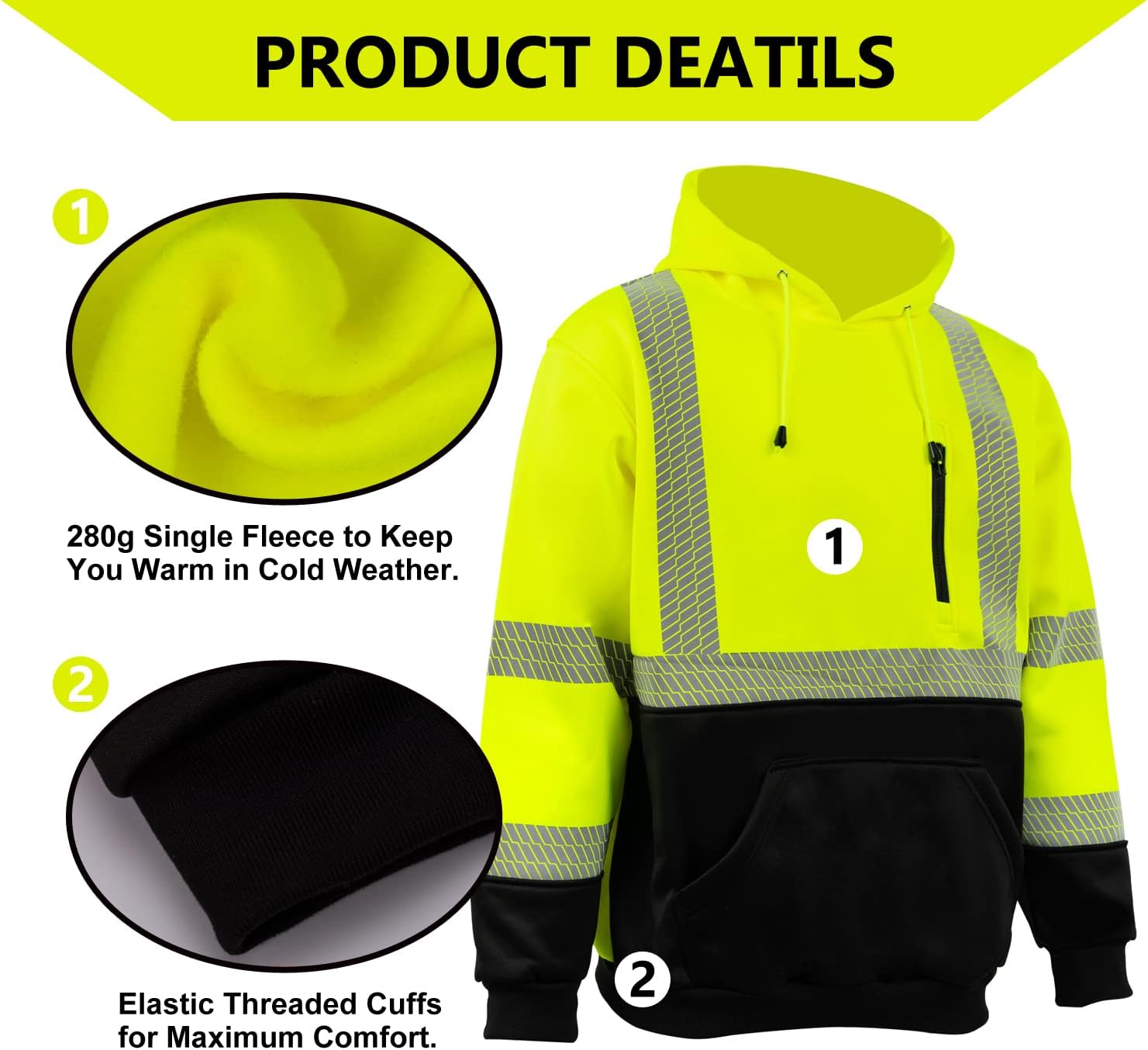 FONIRRA Hi Vis Hoodie for Men Reflective ANSI Class 3 Safety Sweatshirts High Visibility Construction Work Winter Pullover Yellow - Image 5