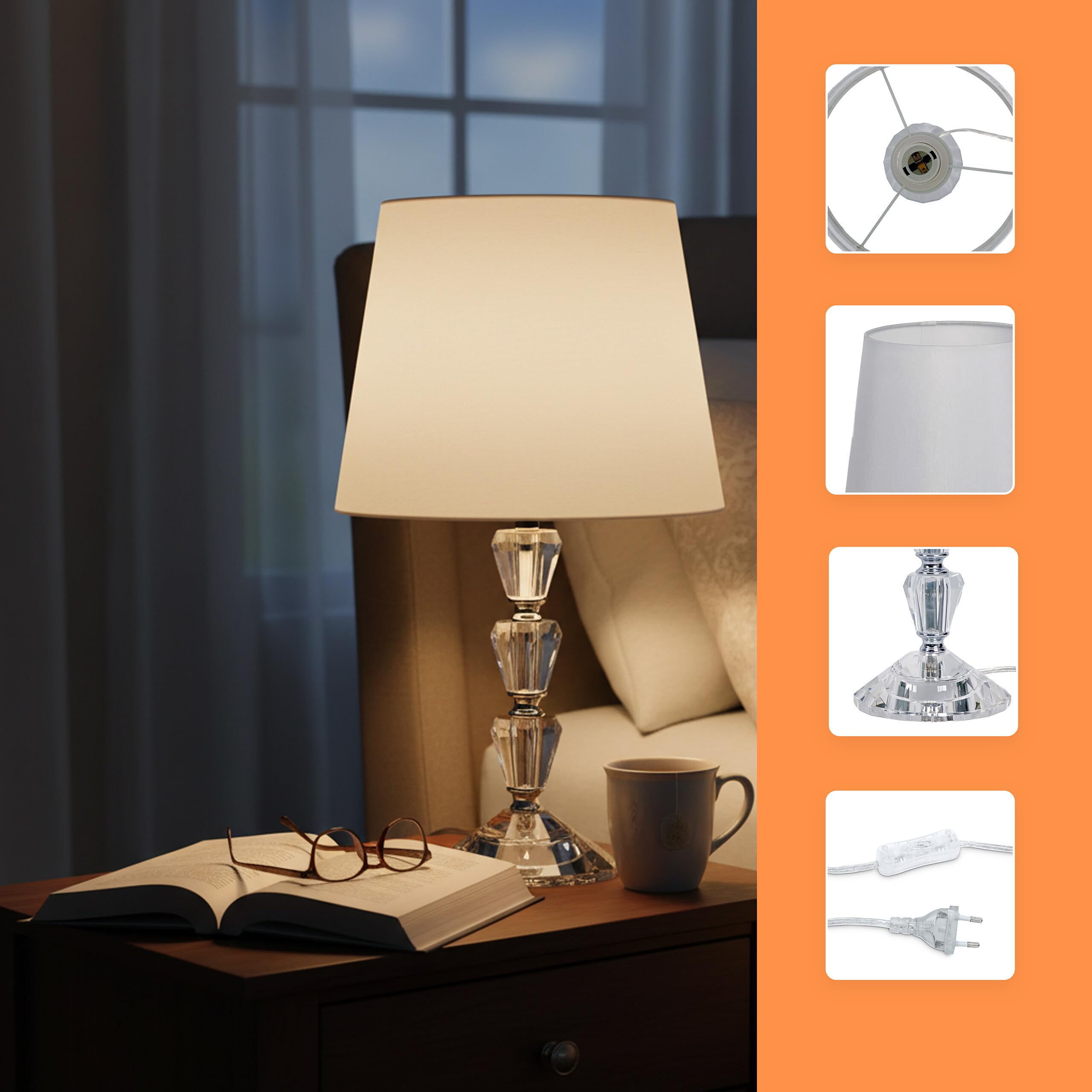 Relaxdays Lampada da Tavolo, Base in Vetro e Paralume in Tessuto, E27, H x D: 40,5 x 23 cm, Design
