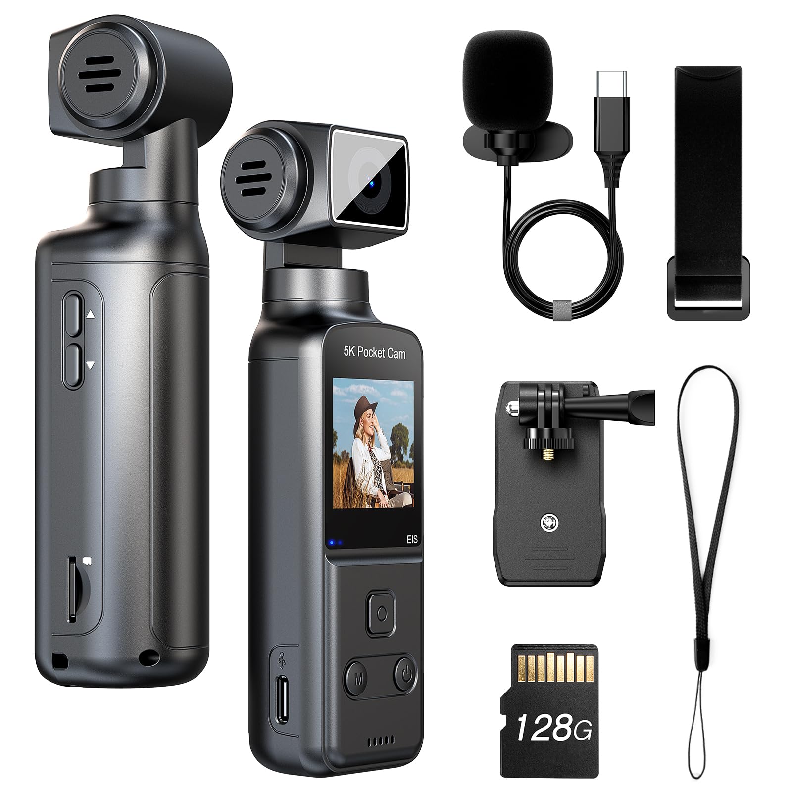BOBLOV 5K Body Camera with Microphone, W5 Vlogging Camera, 5K/15FPS and 4K/60FPS with 270° Rotating Lens, External Mic Support, Clip/Strap Options, EIS Stabilization for Meeting, and Daily Use