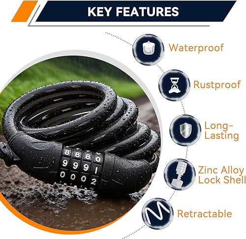 Miniatura 2 de SEPOX Paquete de 4 cerraduras de bicicleta de combinación de cables extralargos de 6 pies, cerradura de seguridad retráctil de 4 dígitos, cable