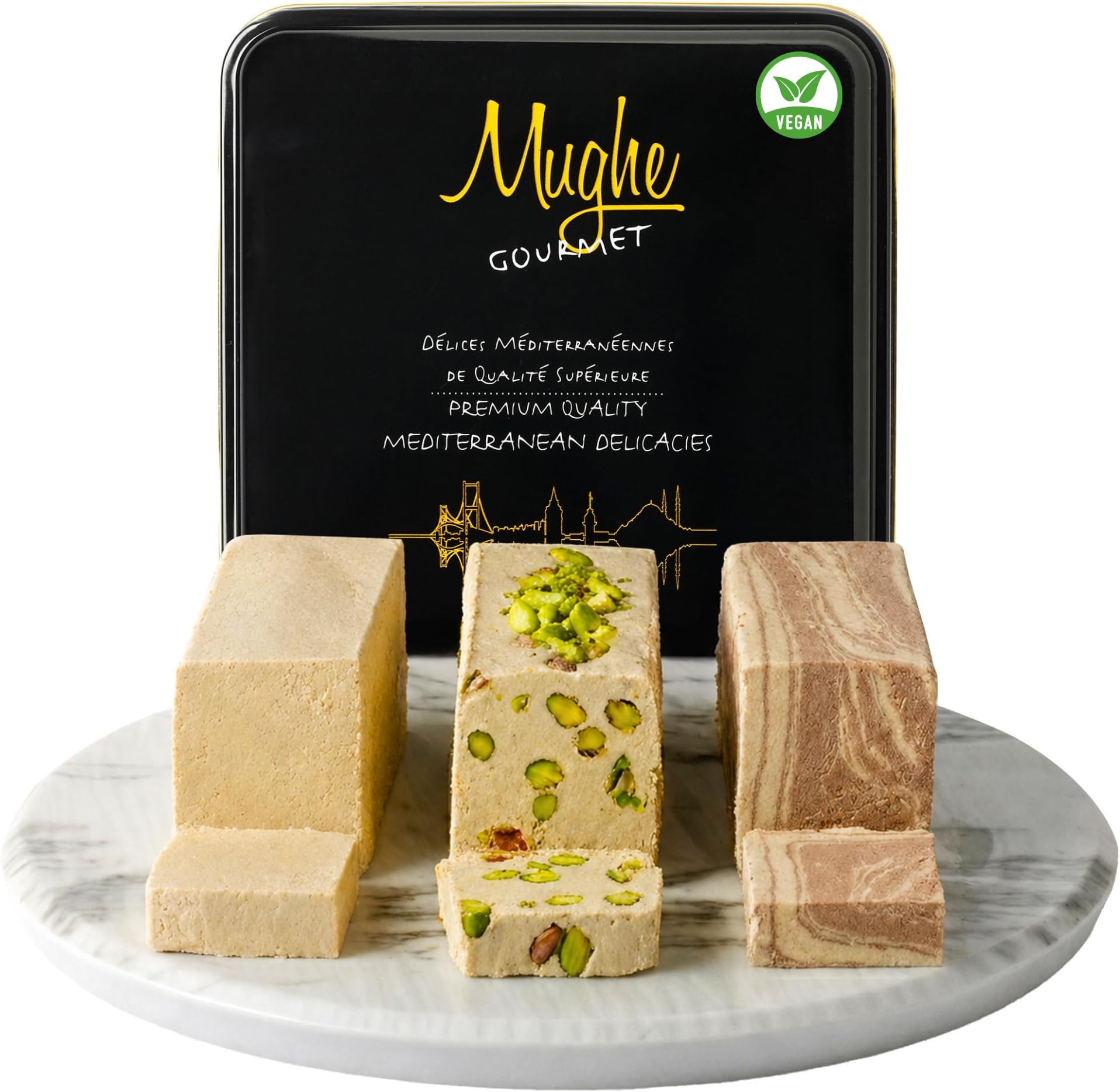 Mughe Gourmet Halvah Assortment 1.88lb (850g) Tin Gift Box - 3 Delicious Vegan Marble Tahini Halvah Bars Pistachio, Cocoa, Vanilla -Flaky Turkish Halawa Gifts- Perfect Gifts for Birthdays, Fathers Day