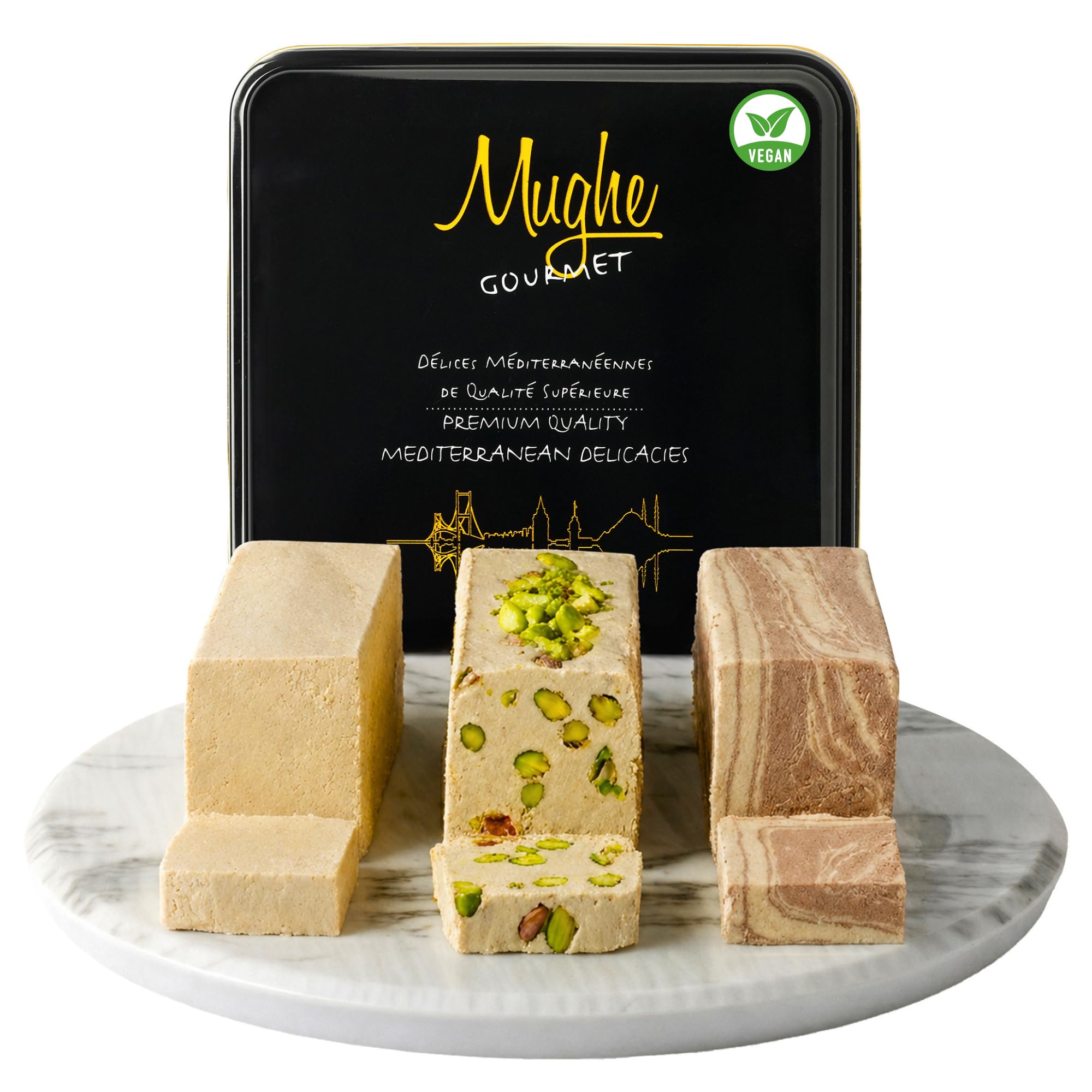 Mughe Gourmet Assortimento di Halva 850g elegante scatola regalo di latta - 3 Barrette di Tahini Halva al Sesamo Marmorizzato Pistacchio, Cacao, Vaniglia - dolce vegano - Ideale per occasioni speciali